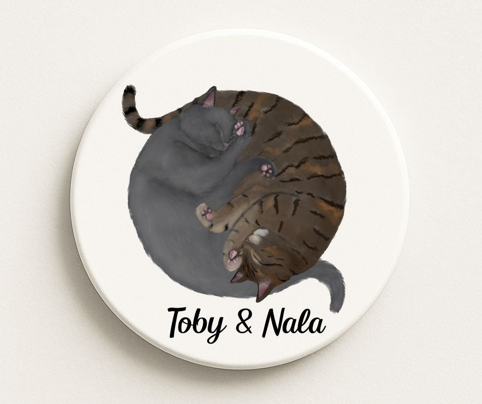 Sleeping Gray and Brown Tabby Cats Ceramic Coaster - MerikaArt