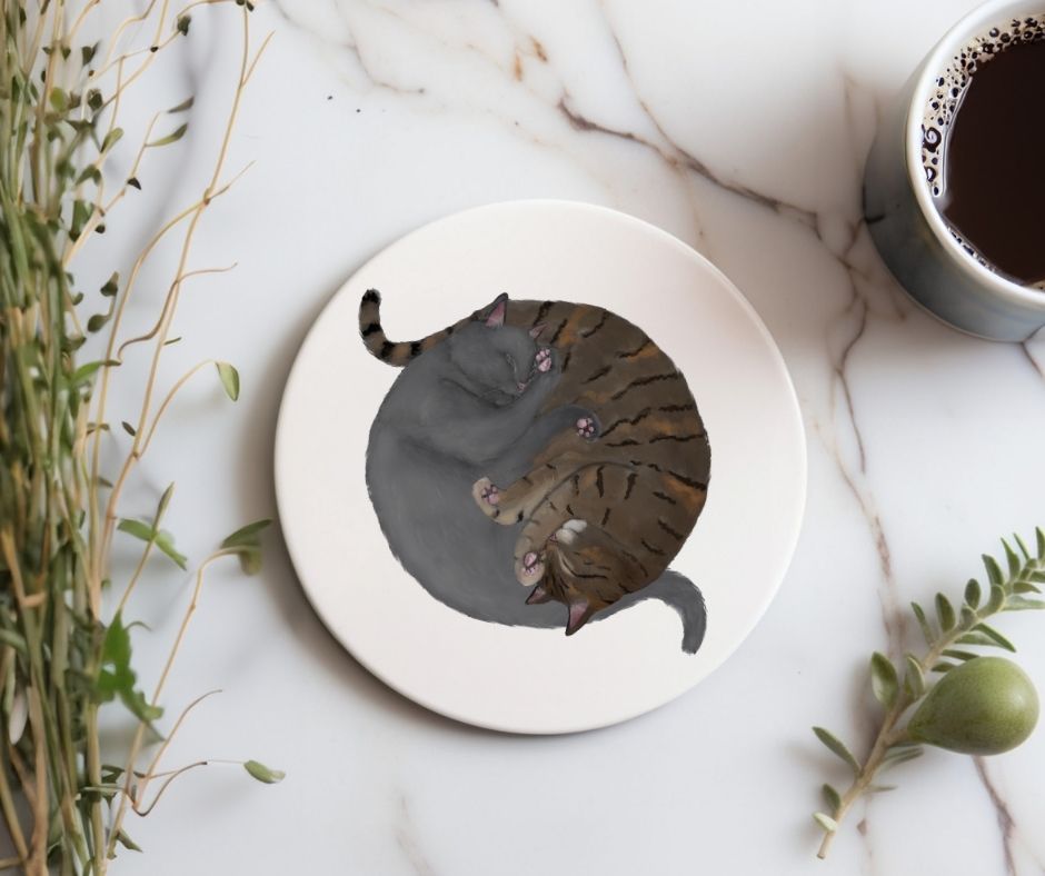 Sleeping Gray and Brown Tabby Cats Ceramic Coaster - MerikaArt