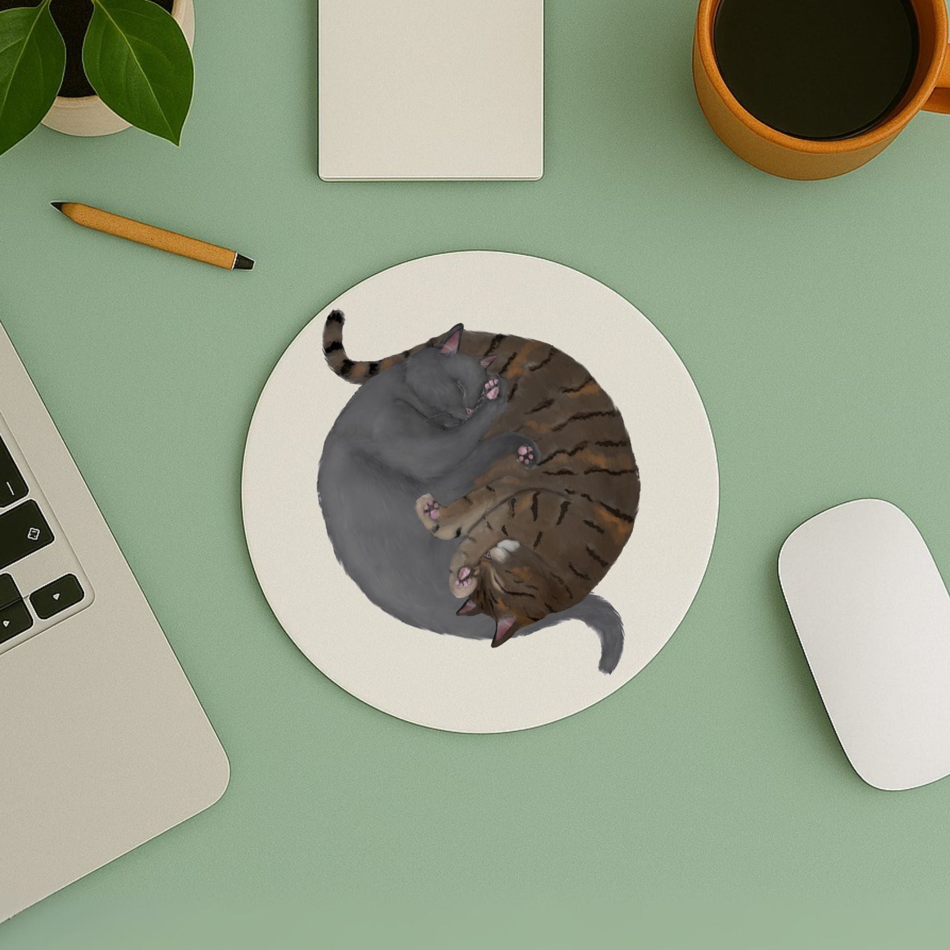 Sleeping Gray and Tabby Cat Mousepad - MerikaArt