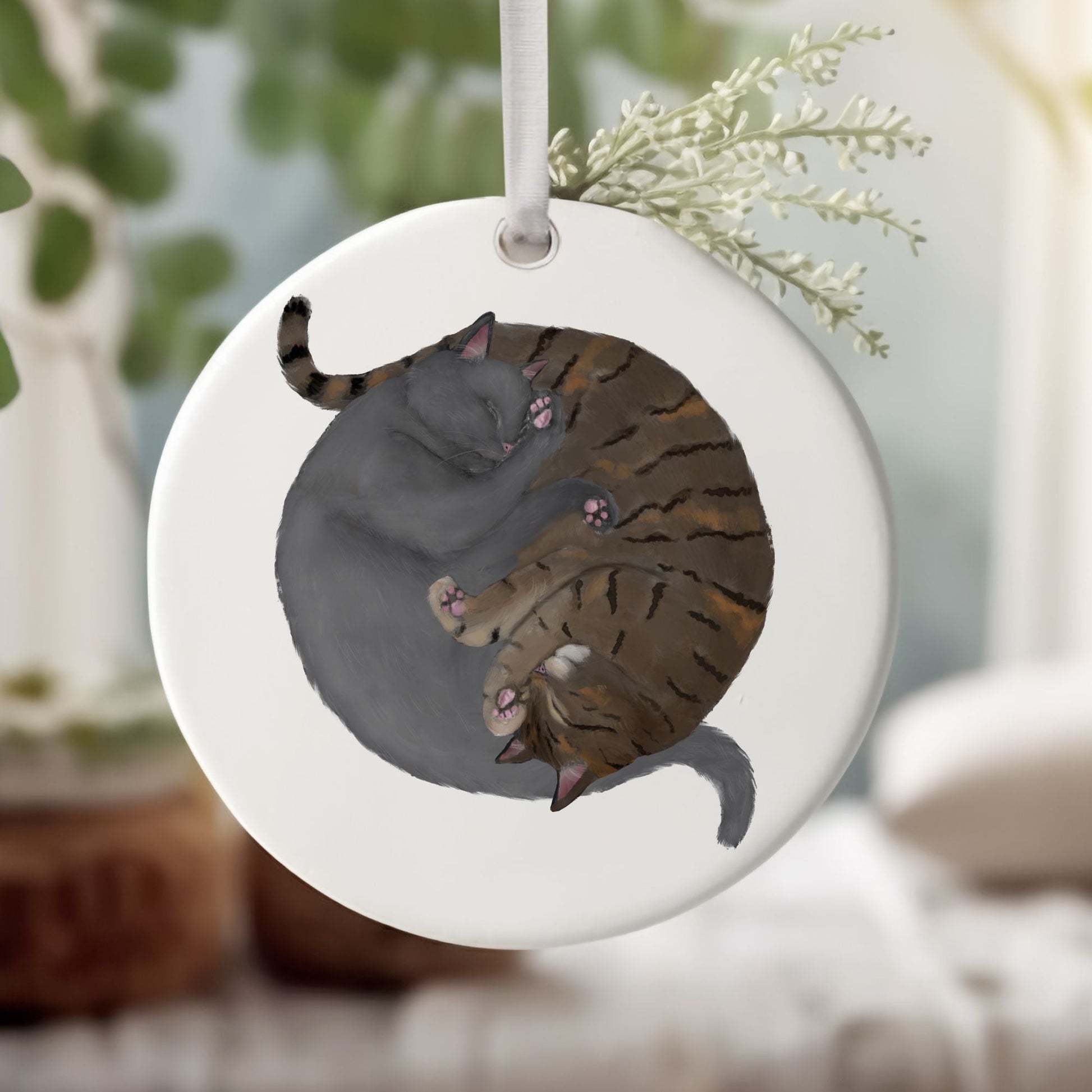 Sleeping Gray And Tabby Cats Ceramic Ornament - MerikaArt