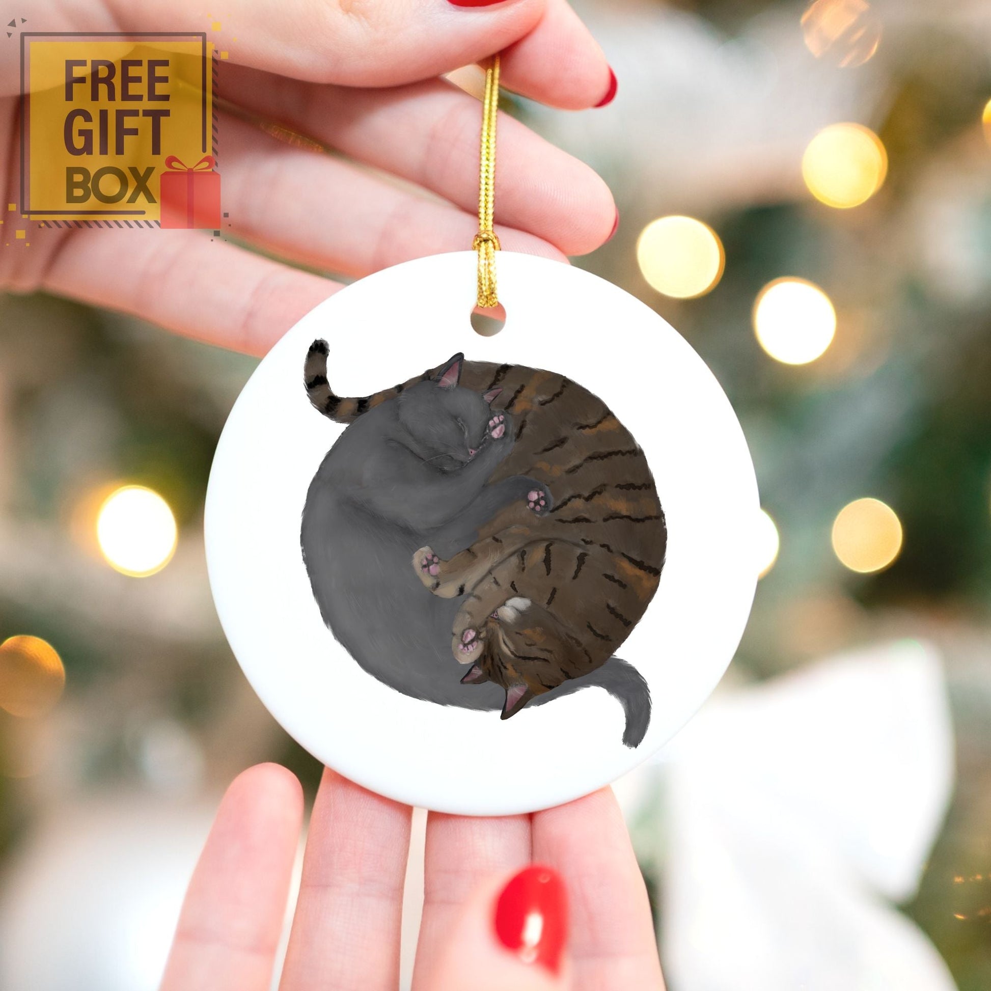 Sleeping Gray And Tabby Cats Ceramic Ornament - MerikaArt