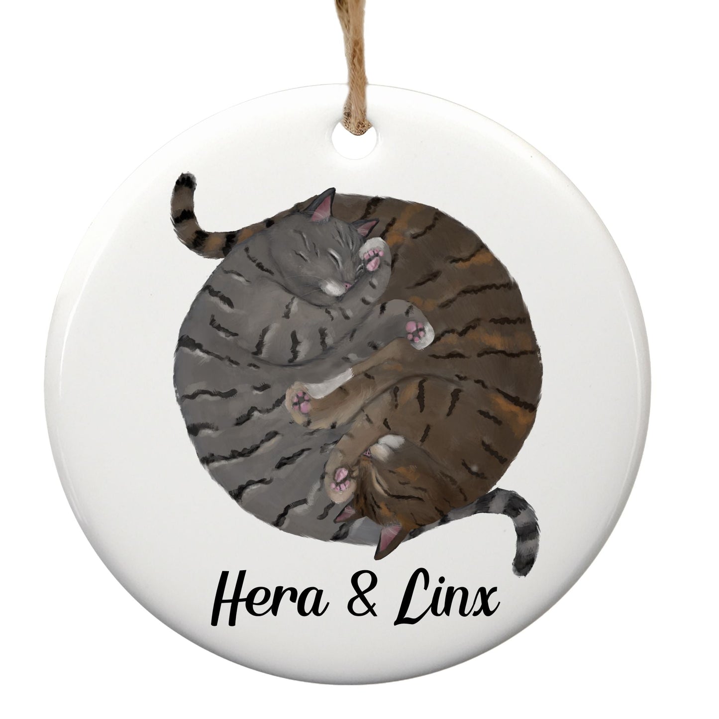 Sleeping Gray And Tabby Cats Ceramic Ornament - MerikaArt