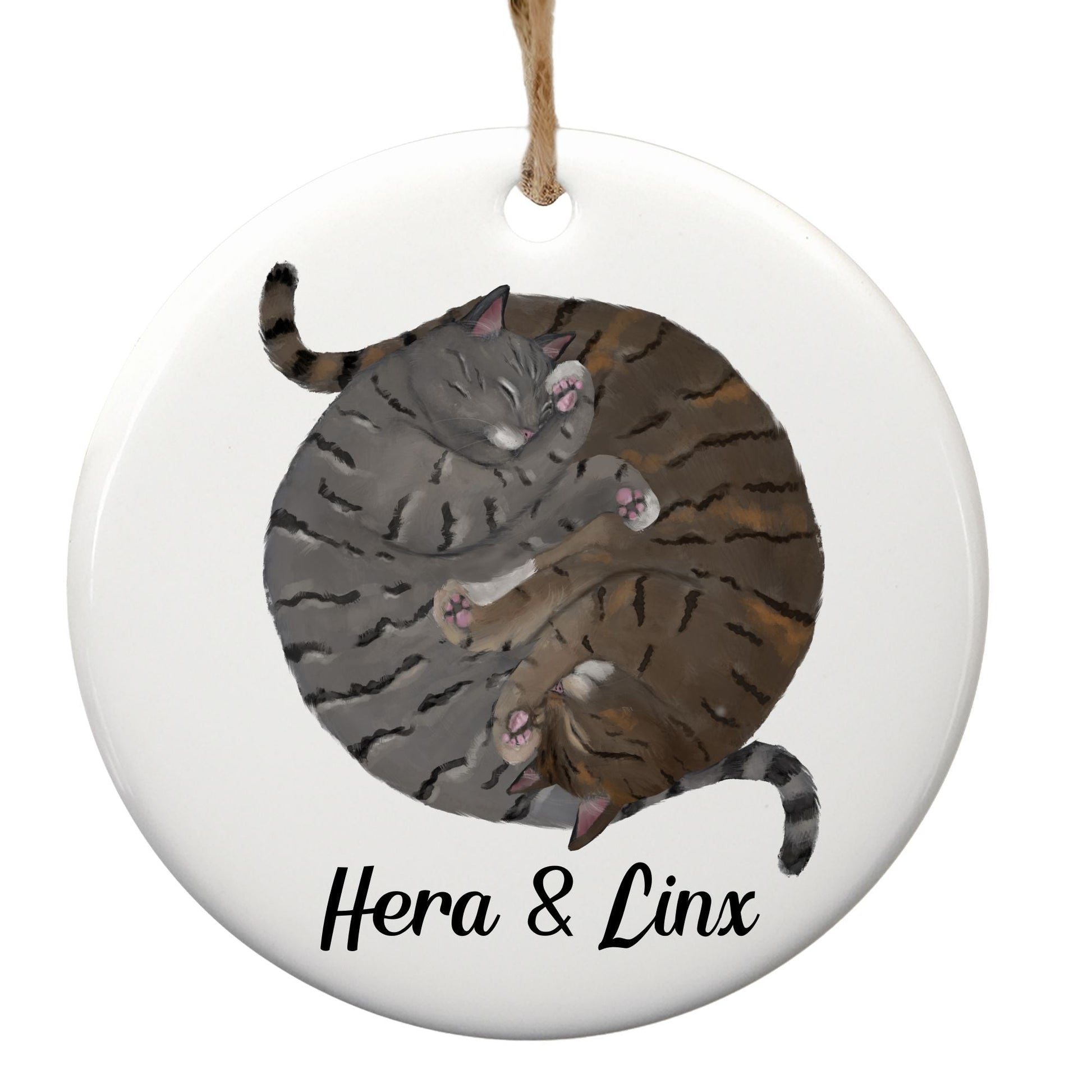 Sleeping Gray And Tabby Cats Ceramic Ornament - MerikaArt