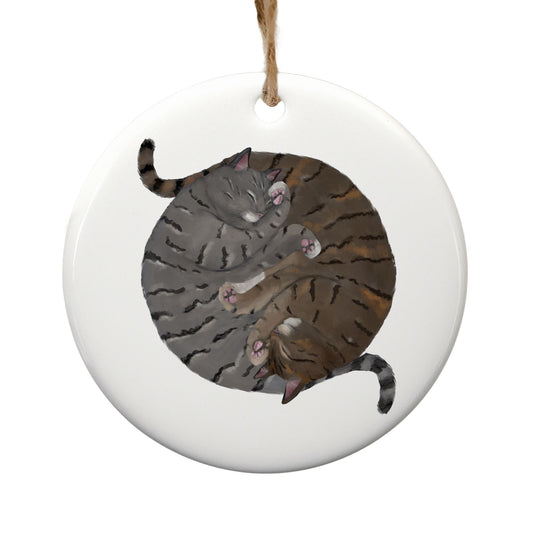 Sleeping Gray And Tabby Cats Ceramic Ornament - MerikaArt