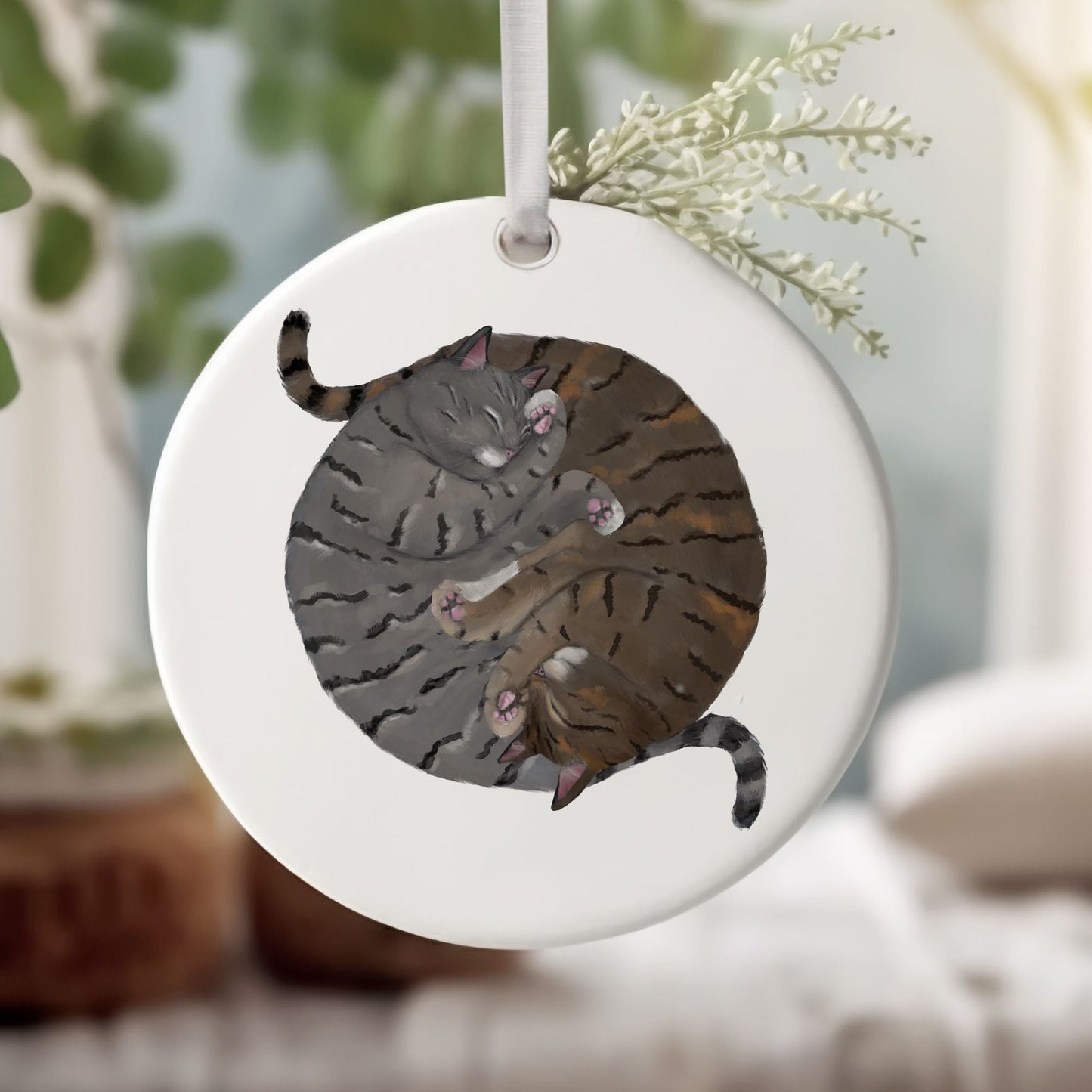 Sleeping Gray And Tabby Cats Ceramic Ornament - MerikaArt
