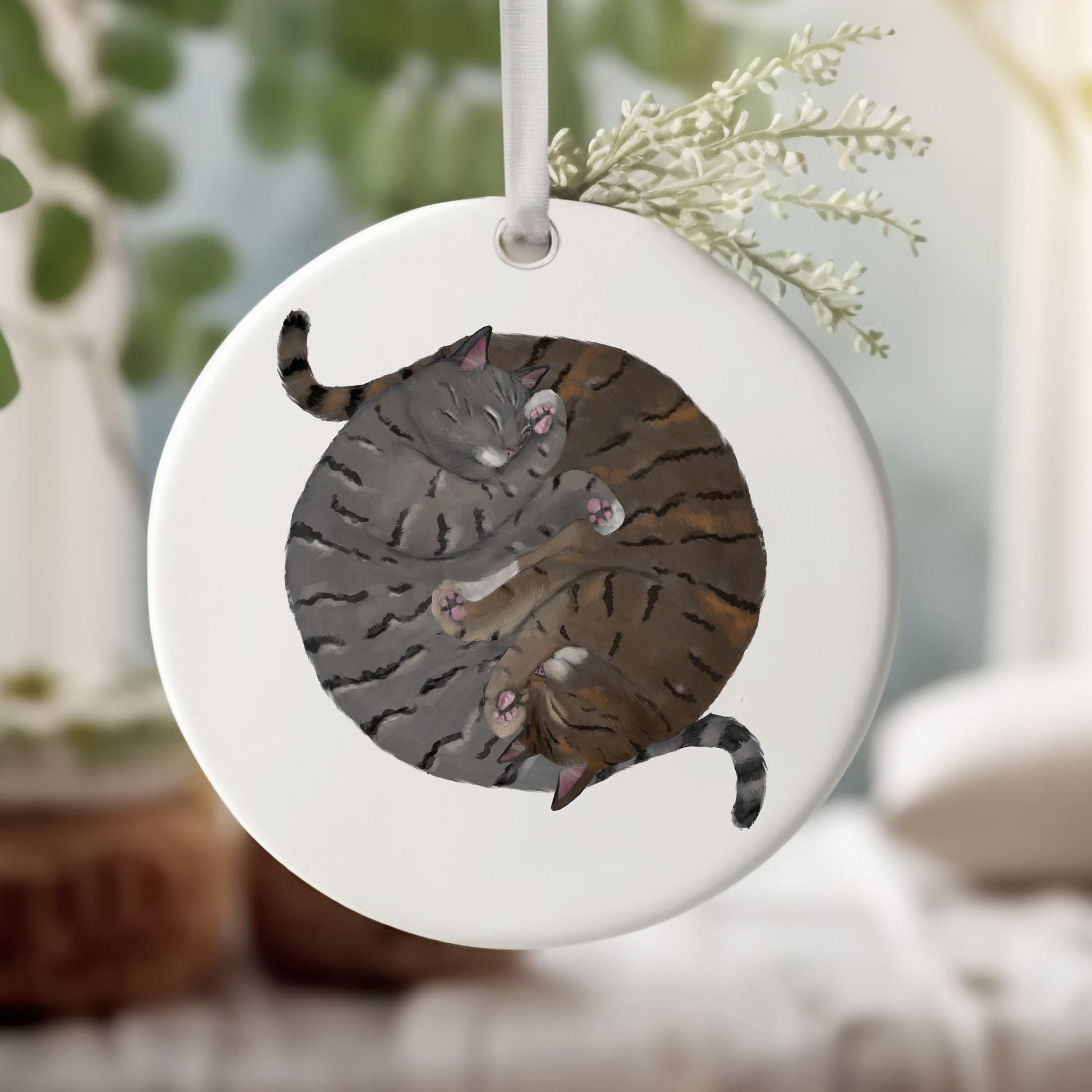 Sleeping Gray And Tabby Cats Ceramic Ornament - MerikaArt