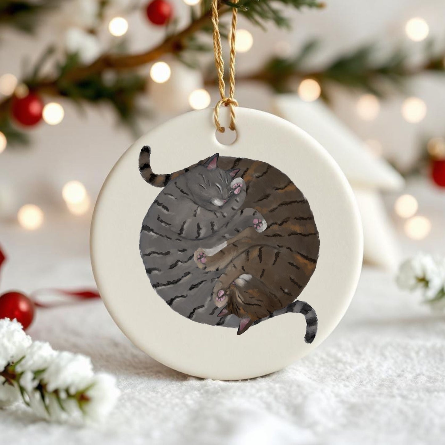 Sleeping Gray And Tabby Cats Ceramic Ornament - MerikaArt