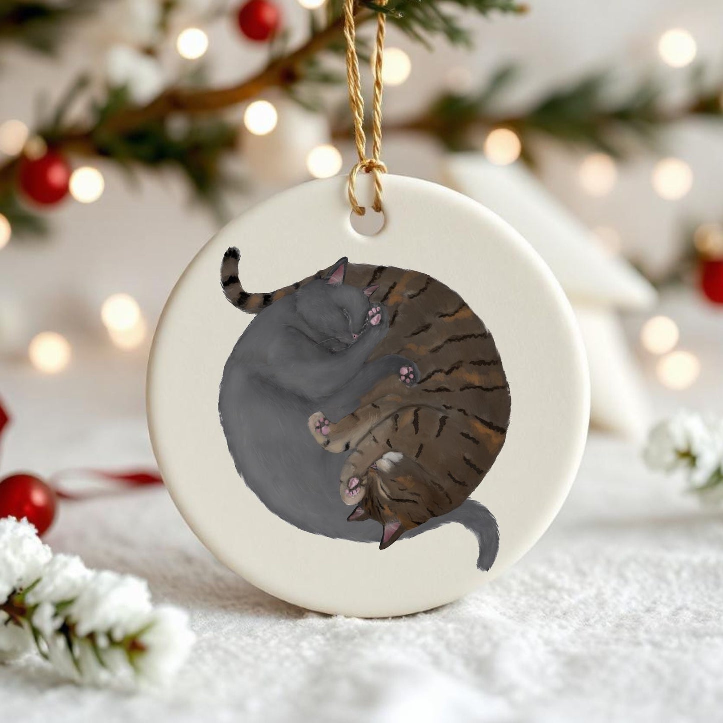 Sleeping Gray And Tabby Cats Ceramic Ornament - MerikaArt