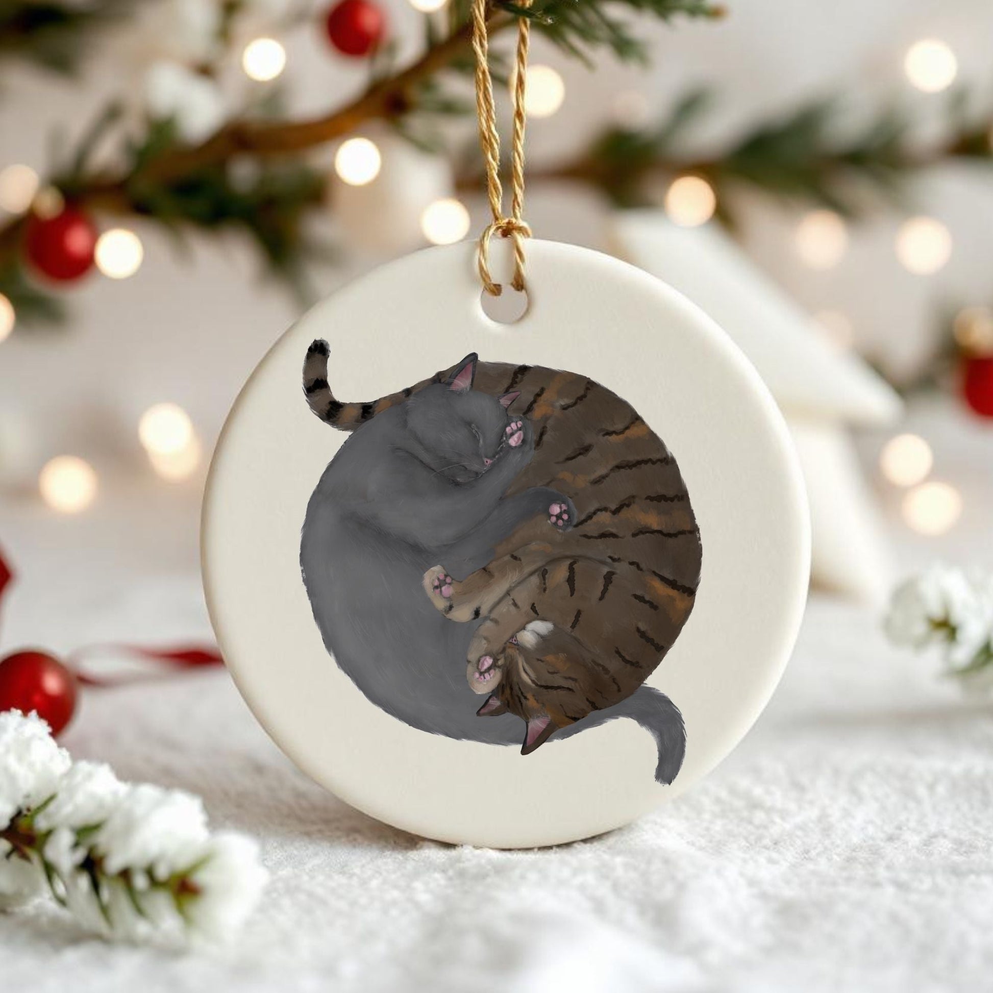 Sleeping Gray And Tabby Cats Ceramic Ornament - MerikaArt