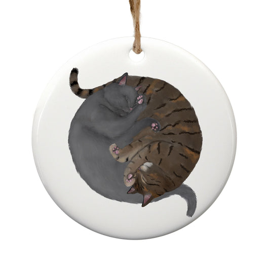 Sleeping Gray And Tabby Cats Ceramic Ornament - MerikaArt