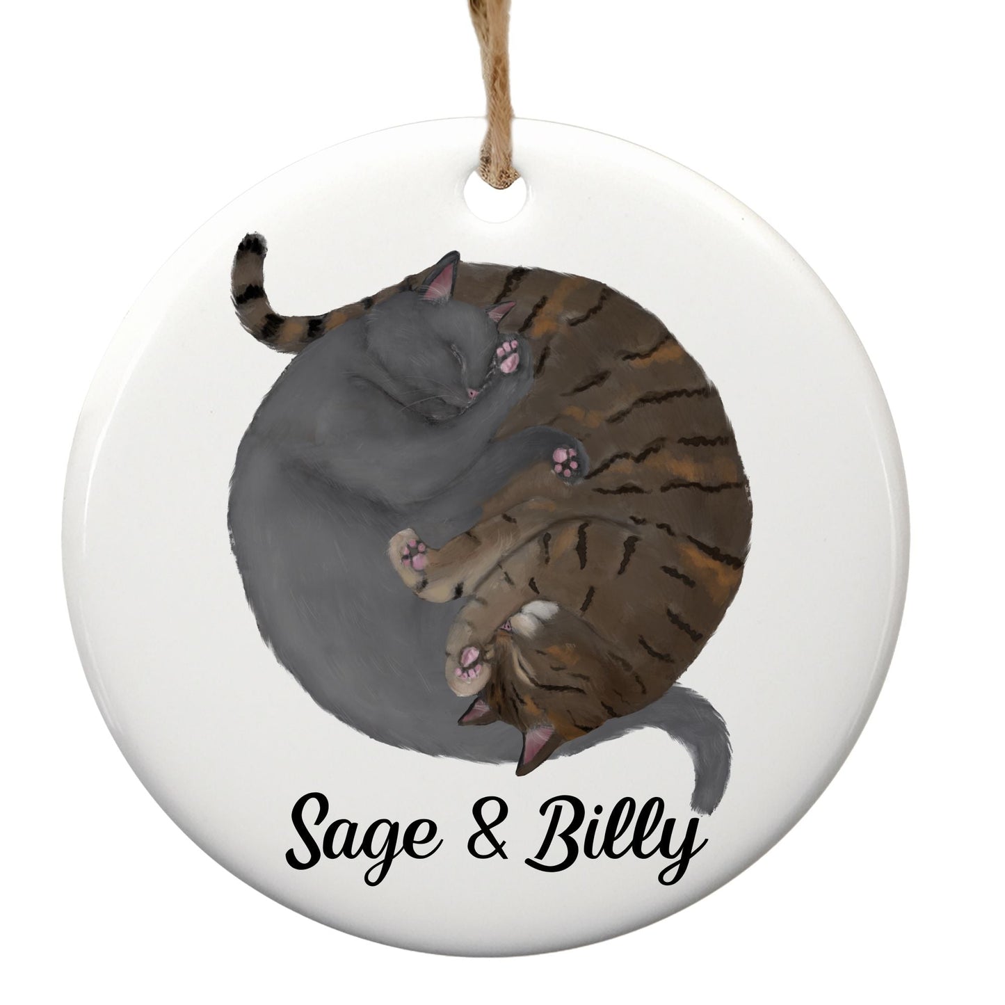 Sleeping Gray And Tabby Cats Ceramic Ornament - MerikaArt