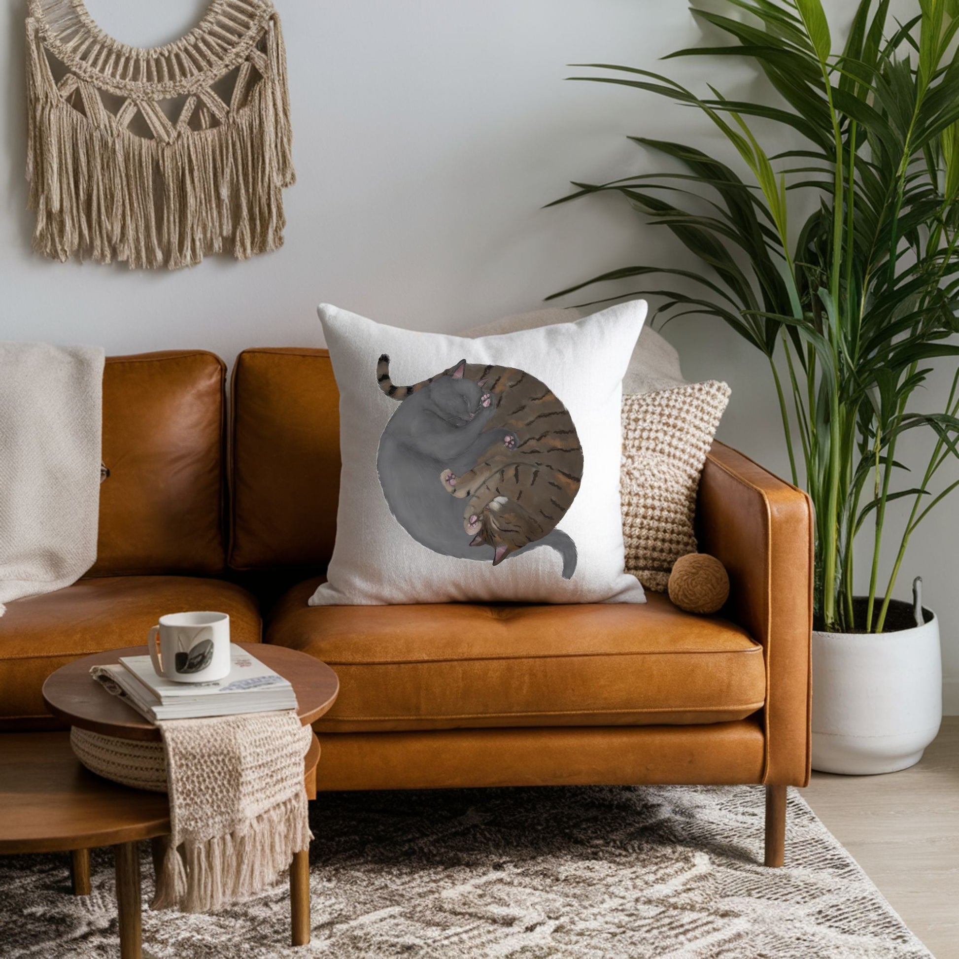 Sleeping Gray and Tabby Cats Pillow - MerikaArt