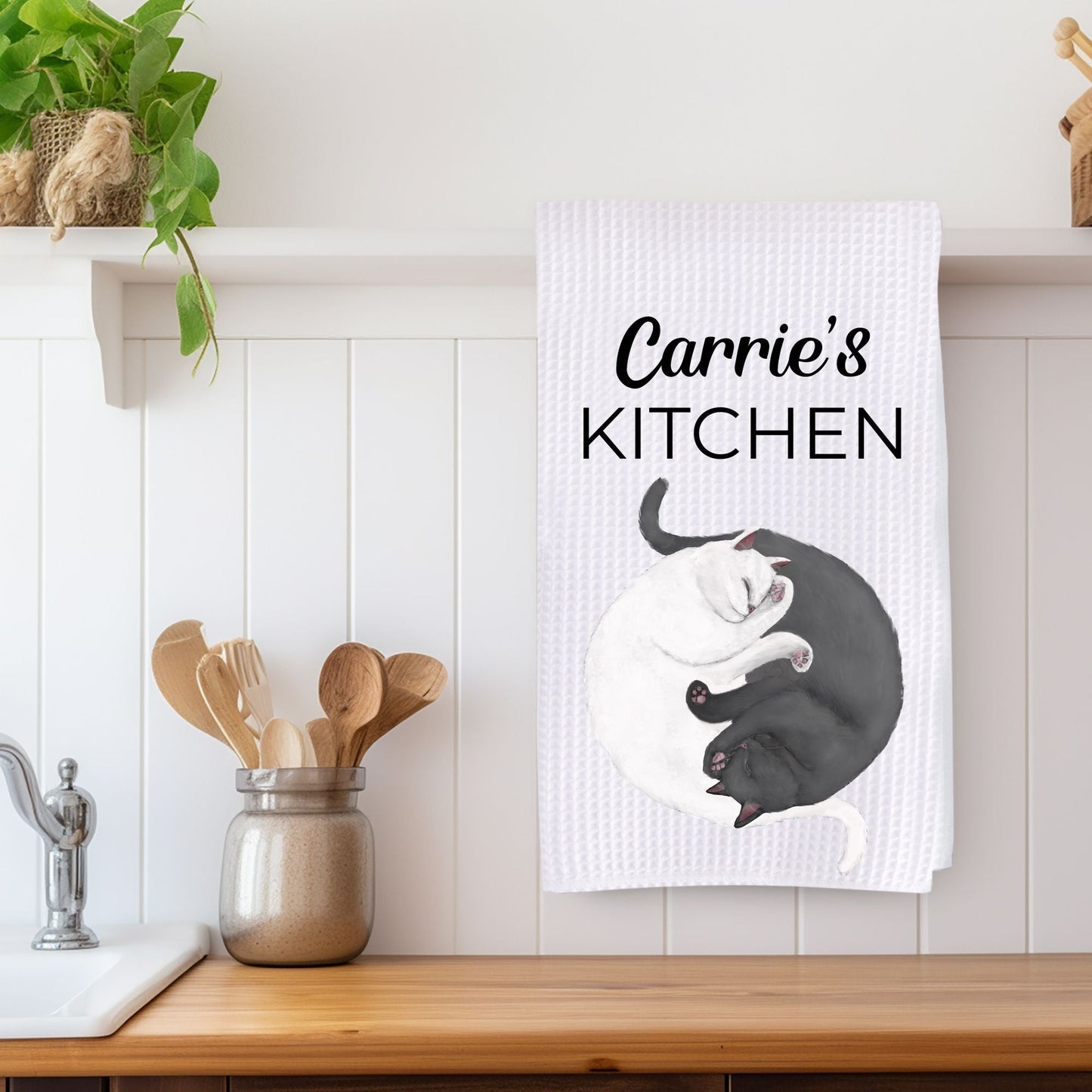 Sleeping Gray and White Cats Waffle Weave Kitchen Towel - MerikaArt