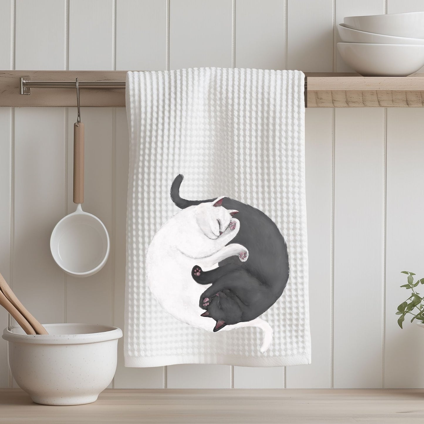 Sleeping Gray and White Cats Waffle Weave Kitchen Towel - MerikaArt