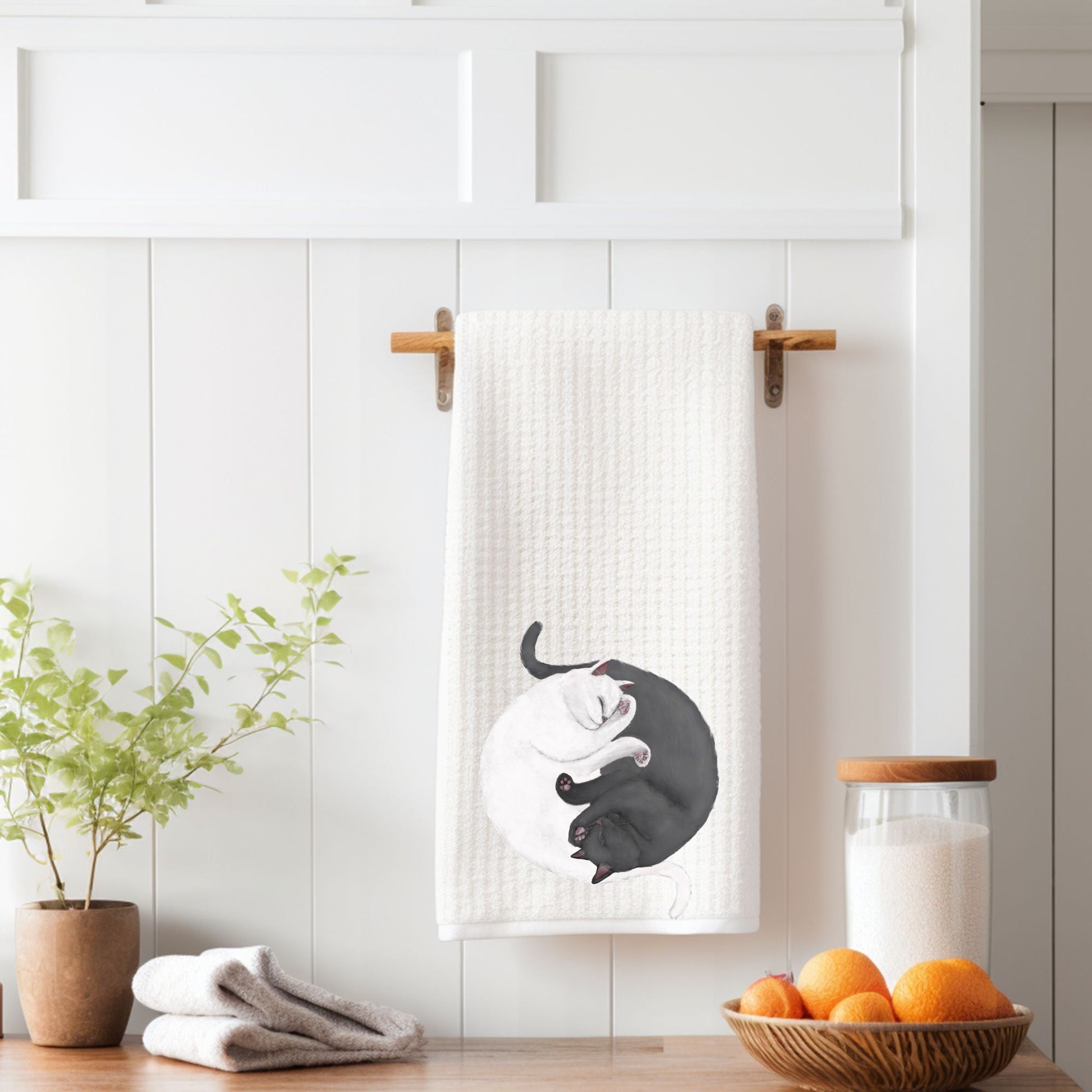 Sleeping Gray and White Cats Waffle Weave Kitchen Towel - MerikaArt