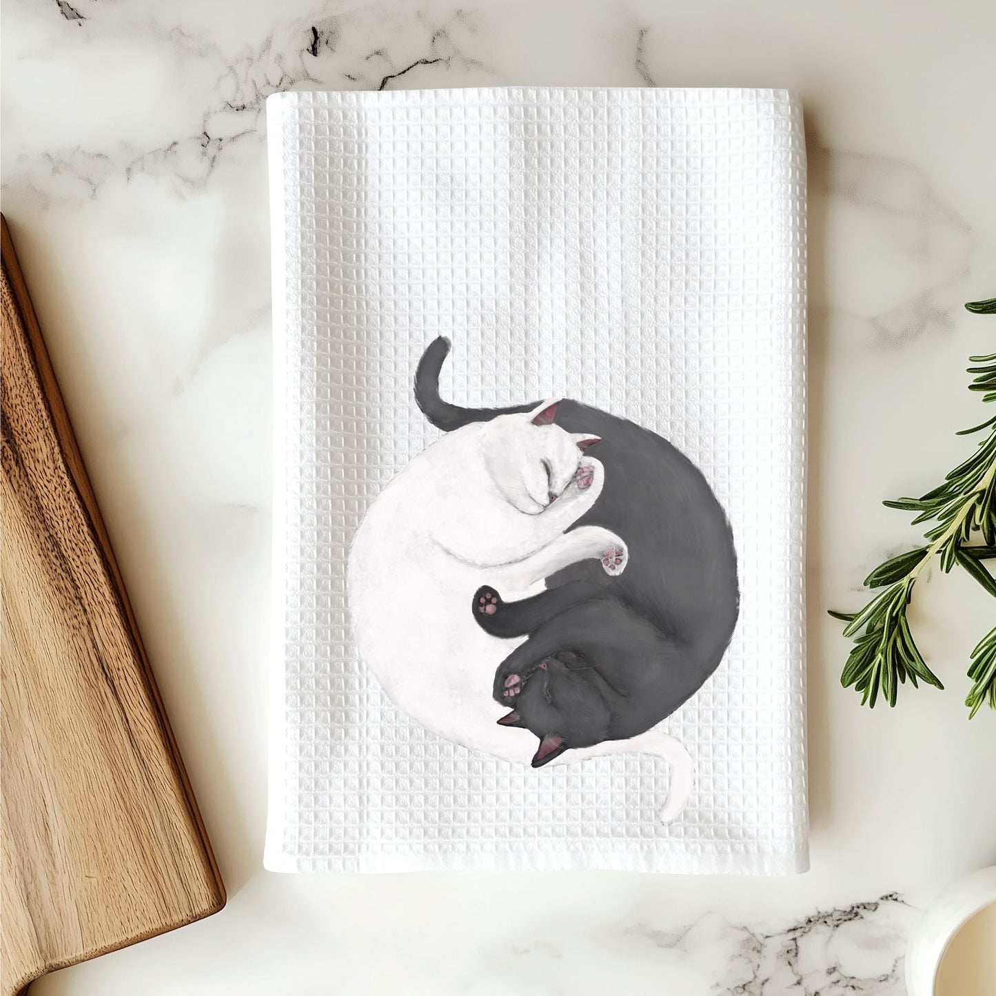 Sleeping Gray and White Cats Waffle Weave Kitchen Towel - MerikaArt