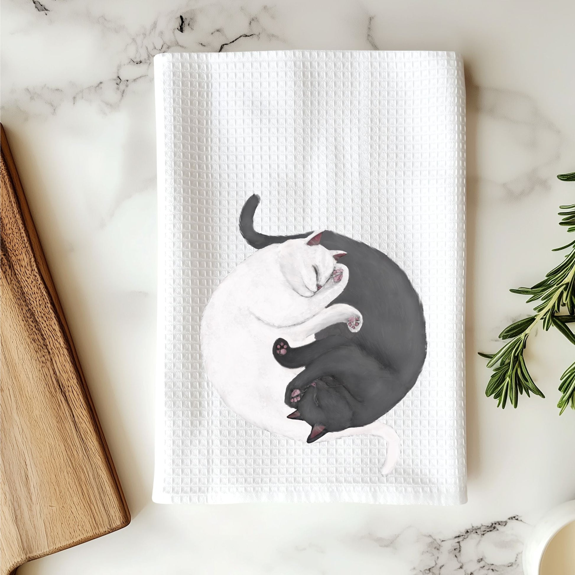 Sleeping Gray and White Cats Waffle Weave Kitchen Towel - MerikaArt