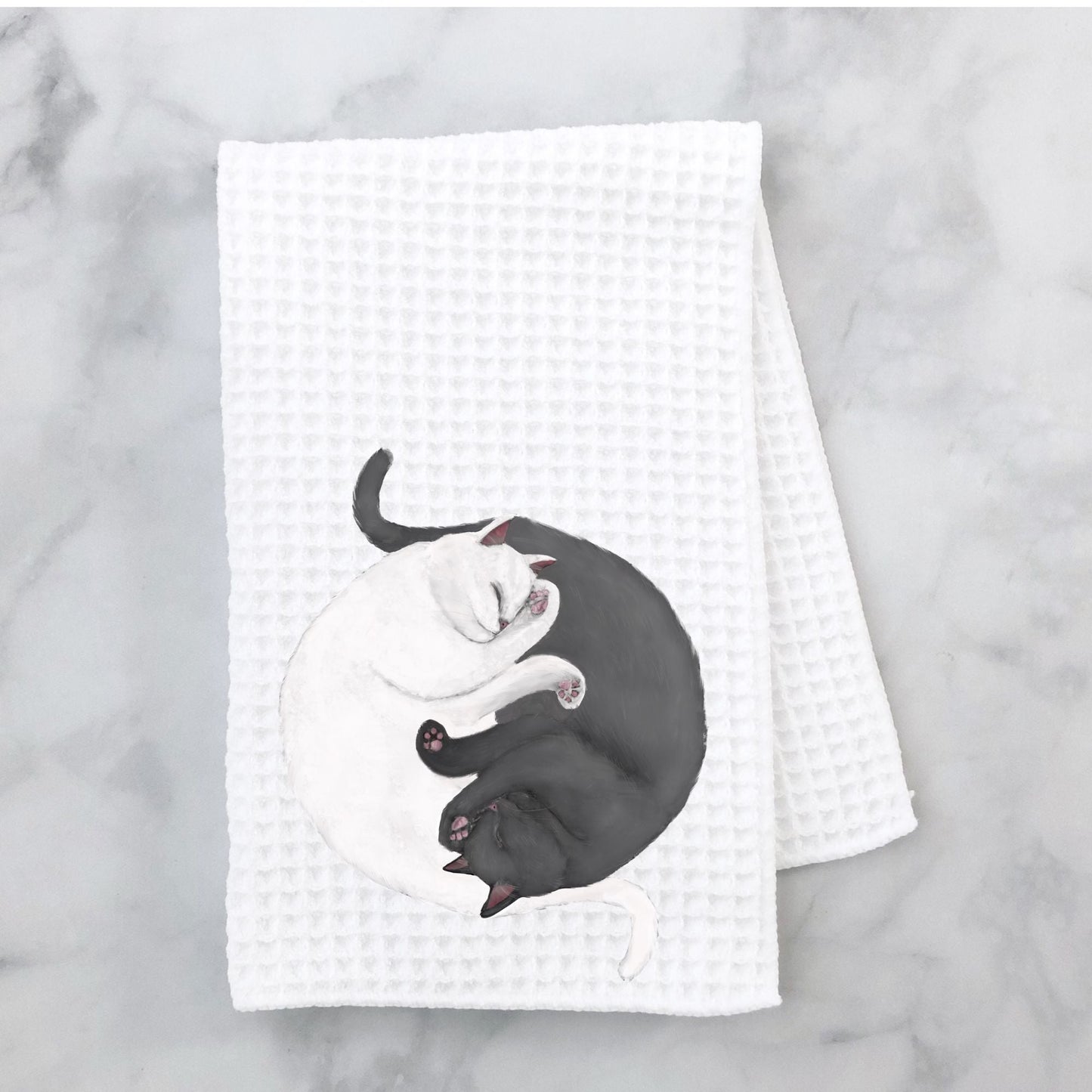Sleeping Gray and White Cats Waffle Weave Kitchen Towel - MerikaArt