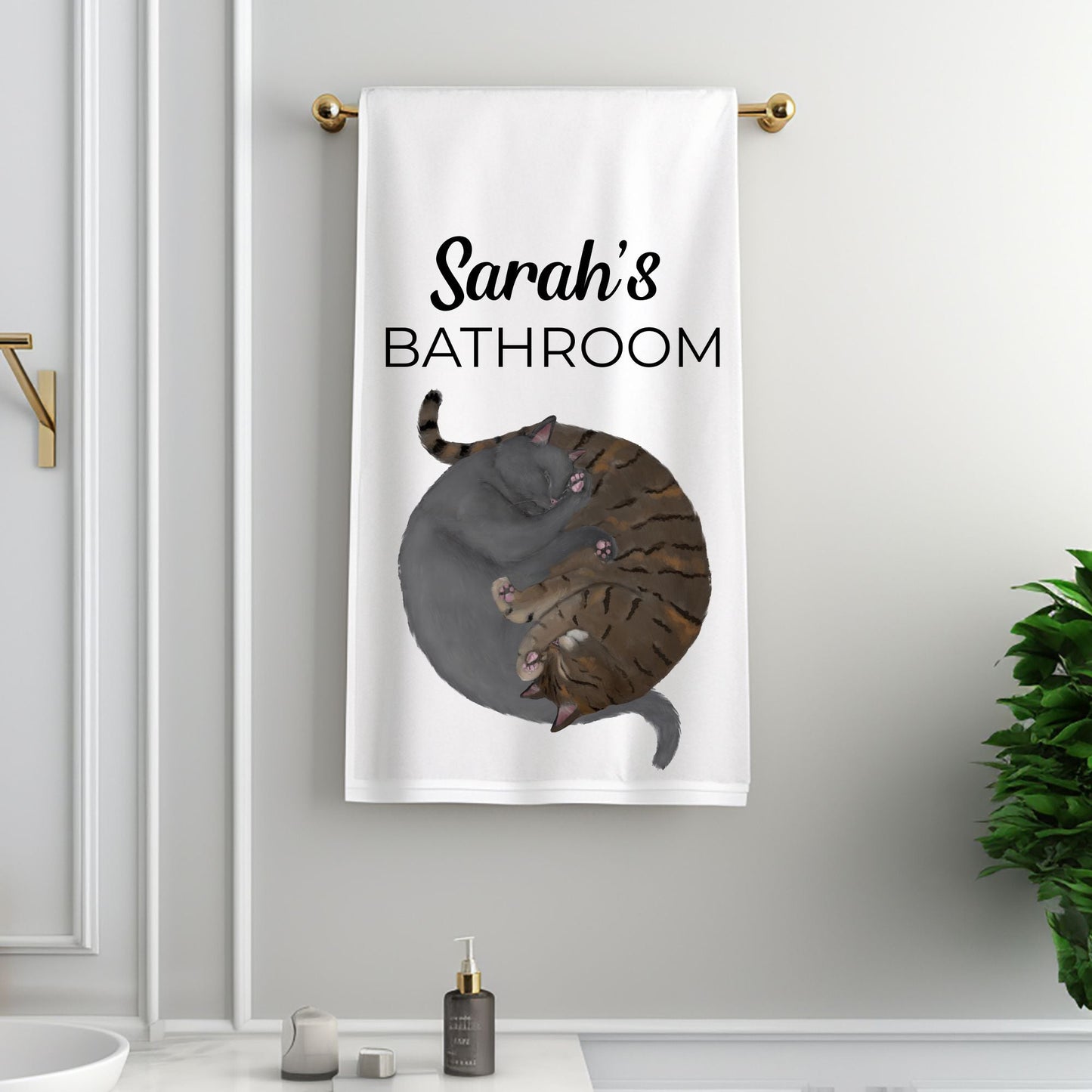 Sleeping Gray Cat and Brown Tabby Cat Bathroom Towel - MerikaArt