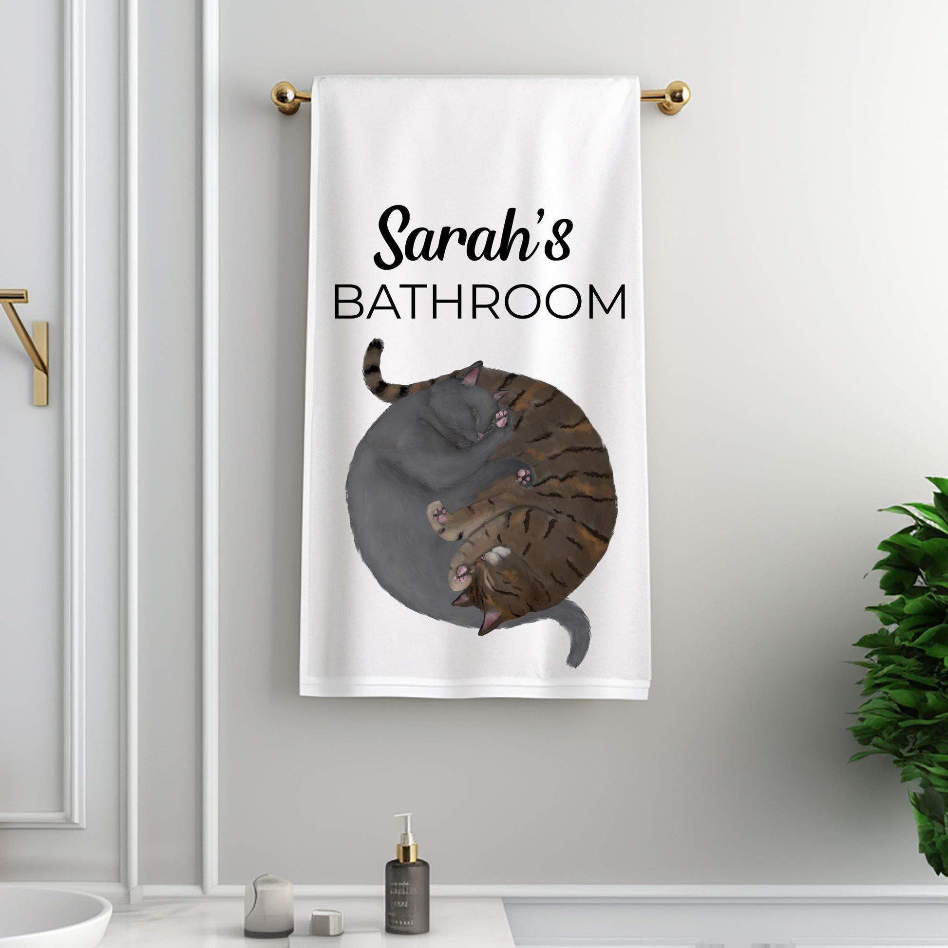 Sleeping Gray Cat and Brown Tabby Cat Bathroom Towel - MerikaArt