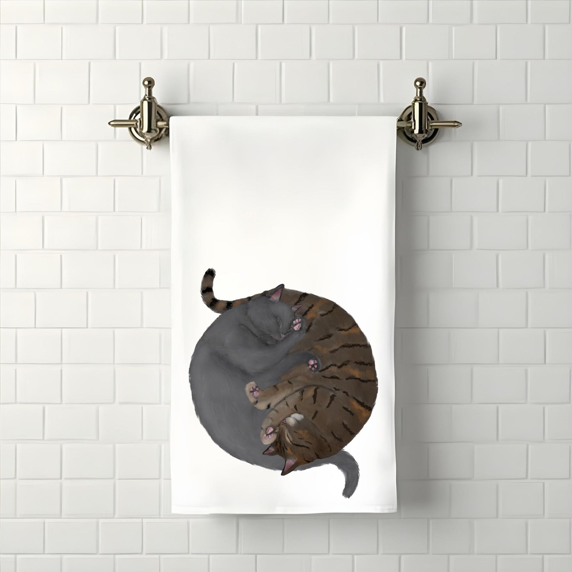 Sleeping Gray Cat and Brown Tabby Cat Bathroom Towel - MerikaArt