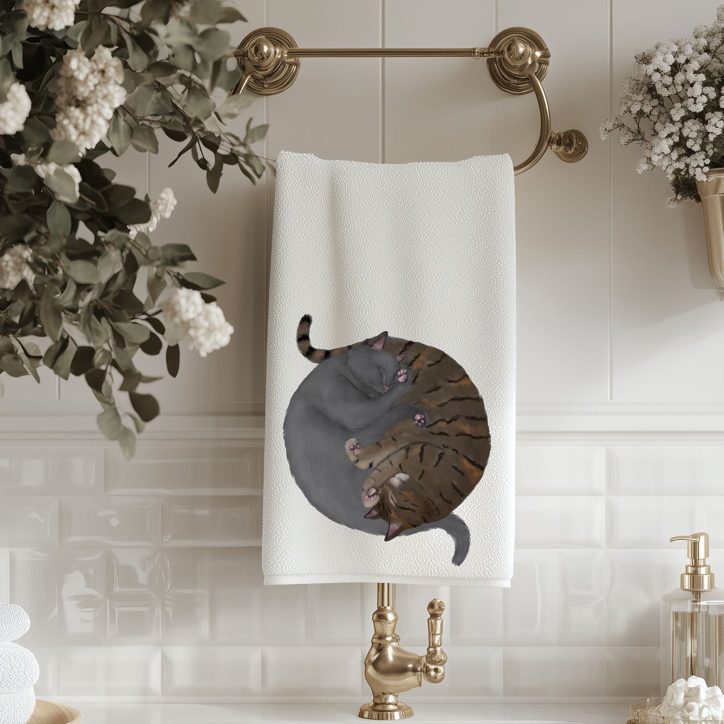 Sleeping Gray Cat and Brown Tabby Cat Bathroom Towel - MerikaArt