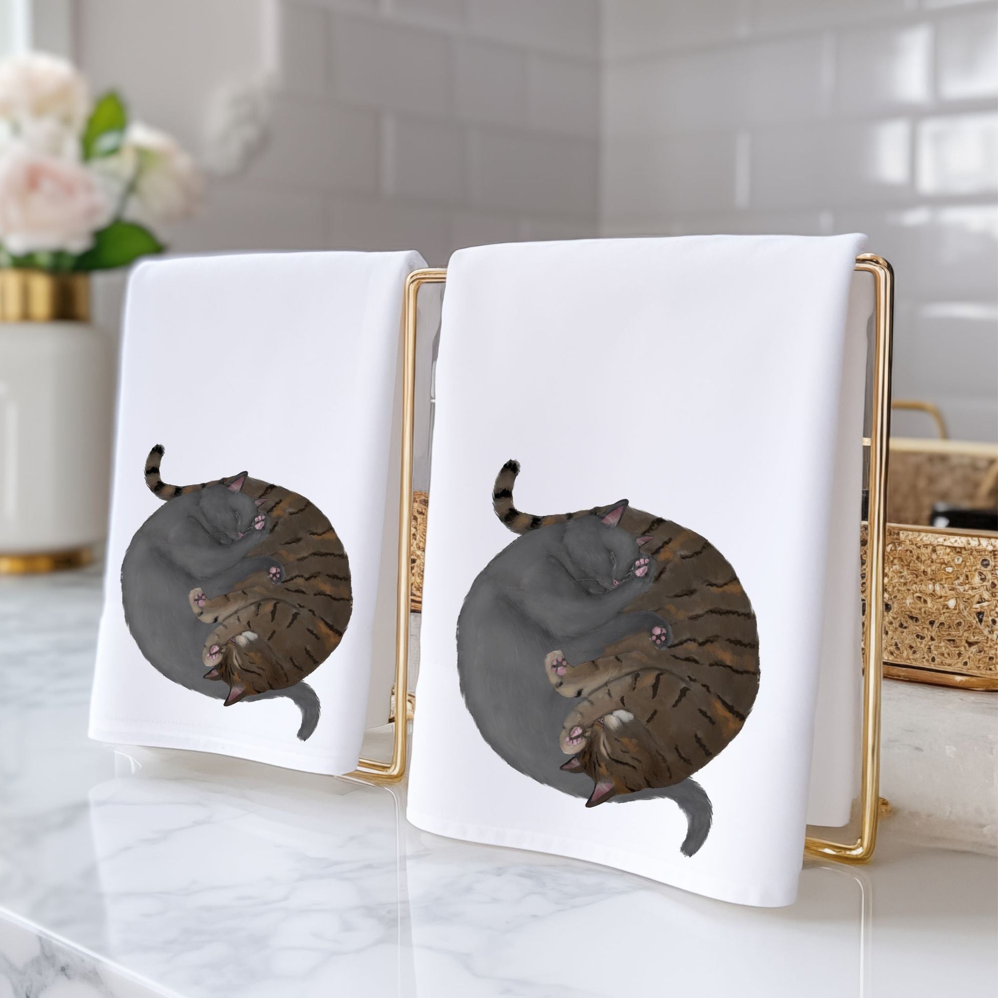 Sleeping Gray Cat and Brown Tabby Cat Bathroom Towel - MerikaArt