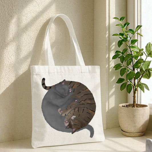 Sleeping Gray Cat and Brown Tabby Cat Canvas Tote Bag - MerikaArt