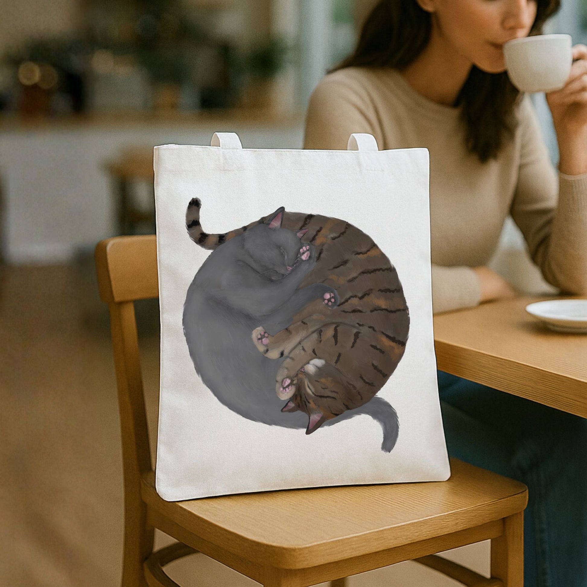 Sleeping Gray Cat and Brown Tabby Cat Canvas Tote Bag - MerikaArt