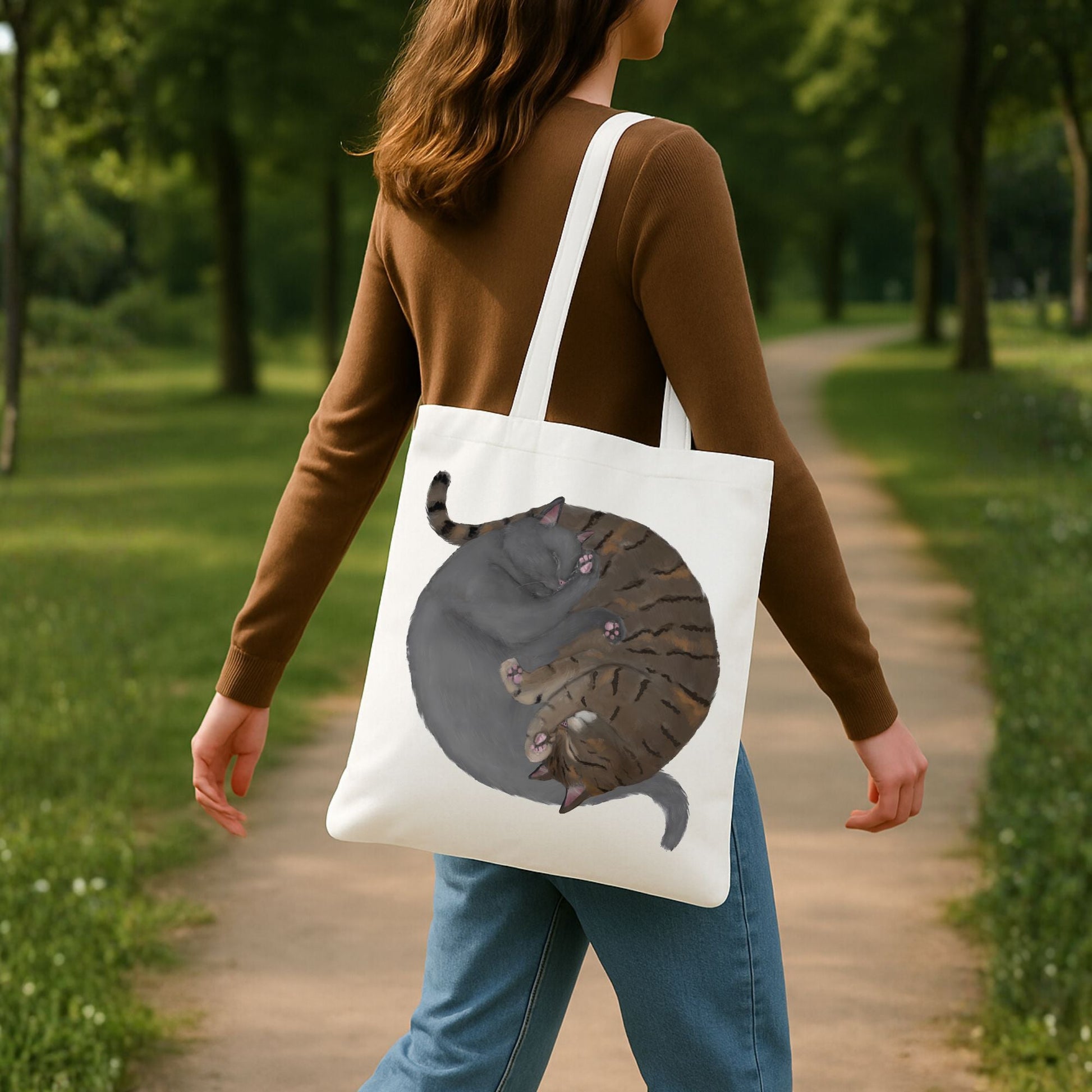 Sleeping Gray Cat and Brown Tabby Cat Canvas Tote Bag - MerikaArt