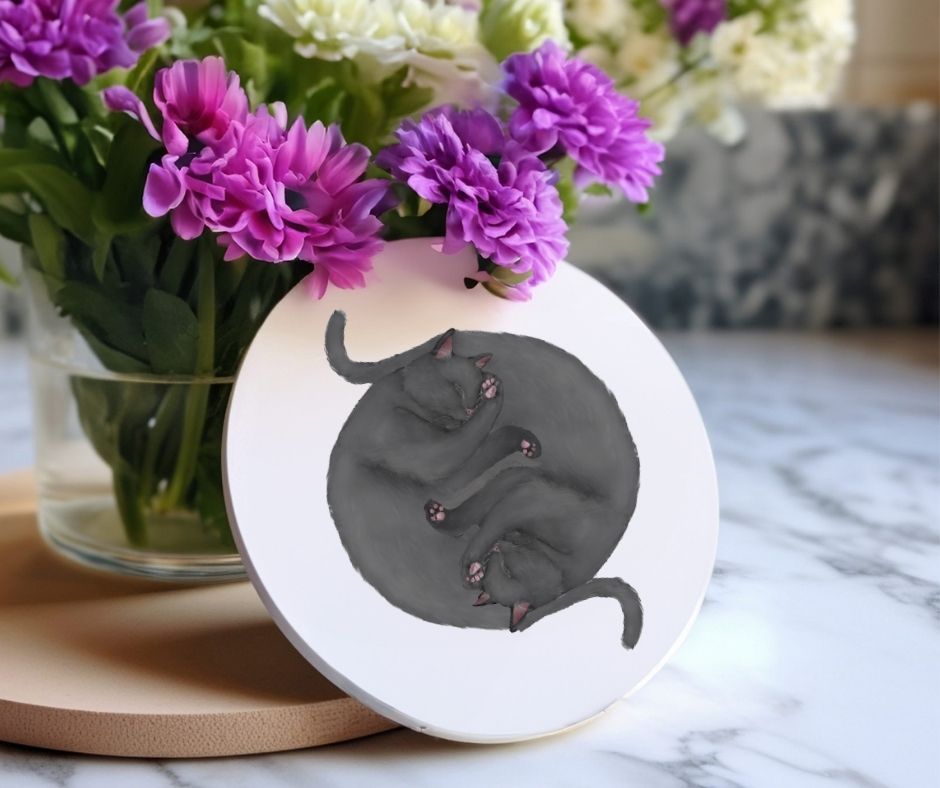 Sleeping Gray Cats Ceramic Coaster - MerikaArt