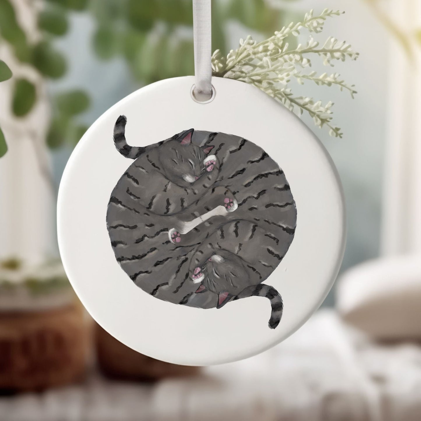 Sleeping Gray Cats Ceramic Ornament - MerikaArt