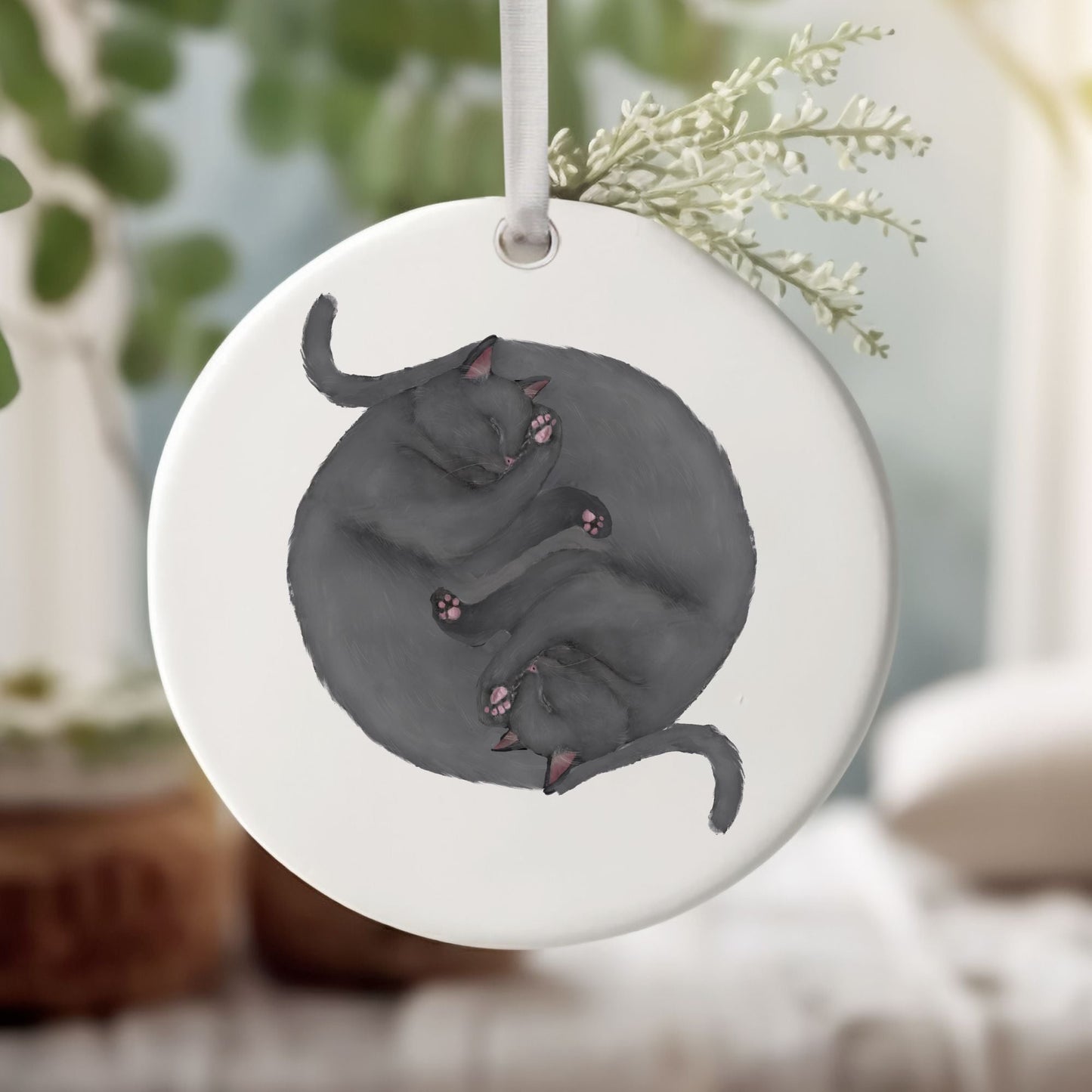 Sleeping Gray Cats Ceramic Ornament - MerikaArt