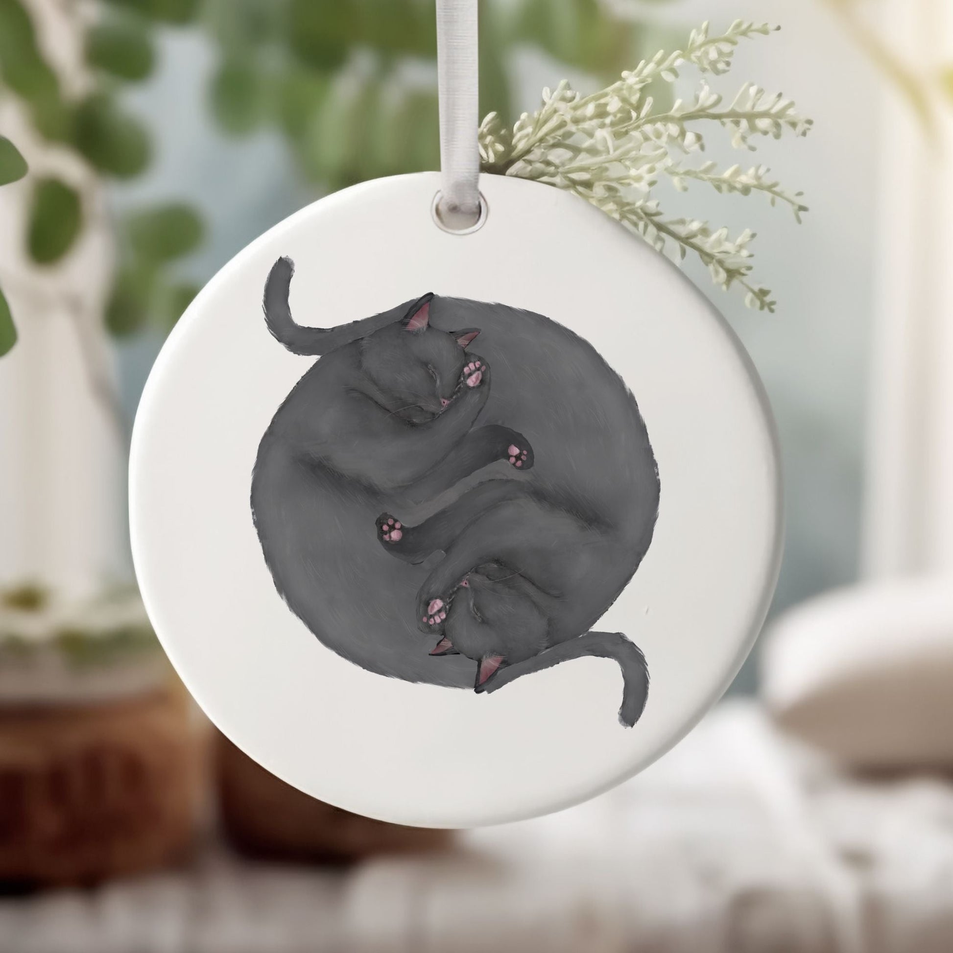 Sleeping Gray Cats Ceramic Ornament - MerikaArt