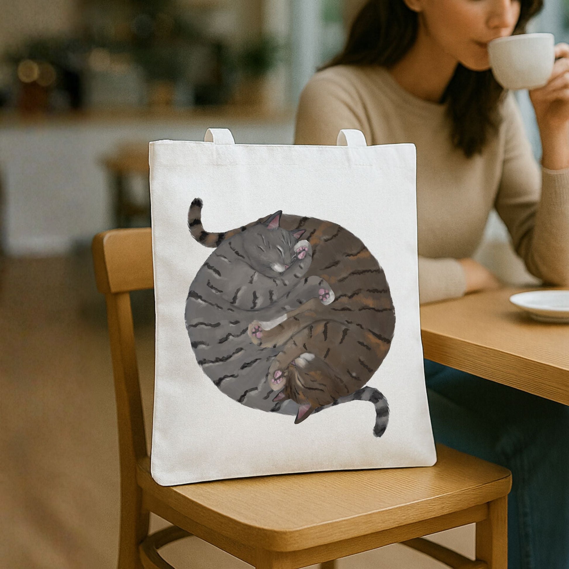 Sleeping Gray Tabby and Brown Tabby Cats Canvas Tote Bag - MerikaArt