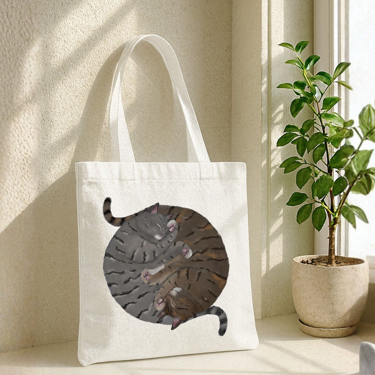 Sleeping Gray Tabby and Brown Tabby Cats Canvas Tote Bag - MerikaArt