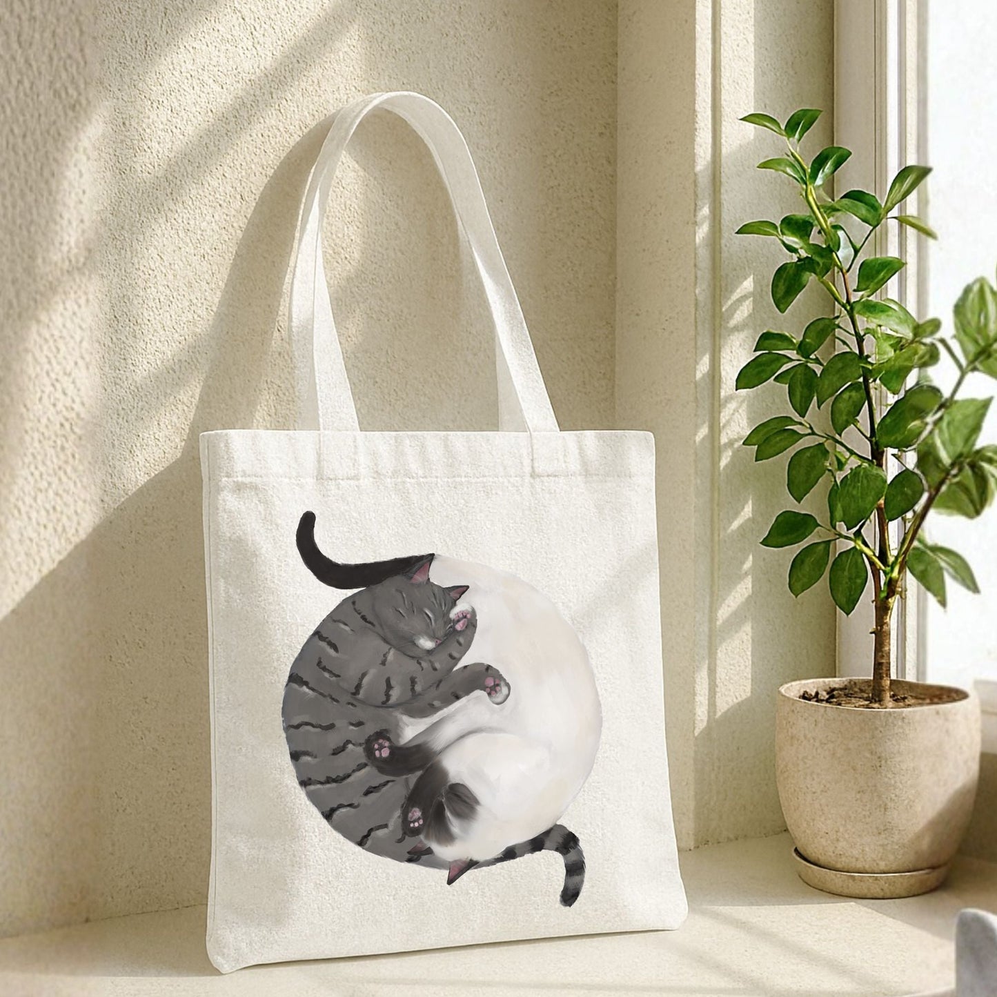 Sleeping Gray Tabby and Siamese Cats Canvas Tote Bag - MerikaArt