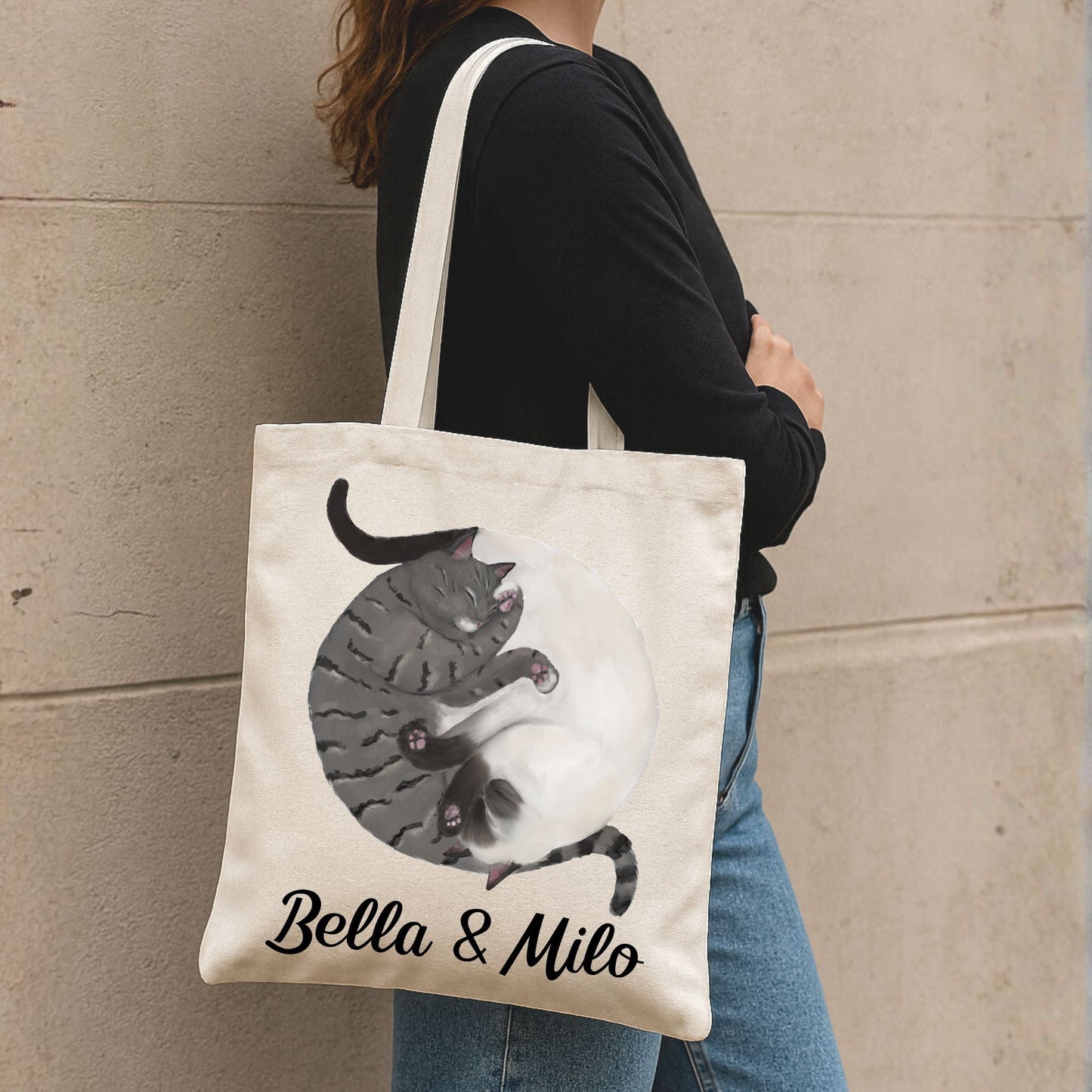 Sleeping Gray Tabby and Siamese Cats Canvas Tote Bag - MerikaArt
