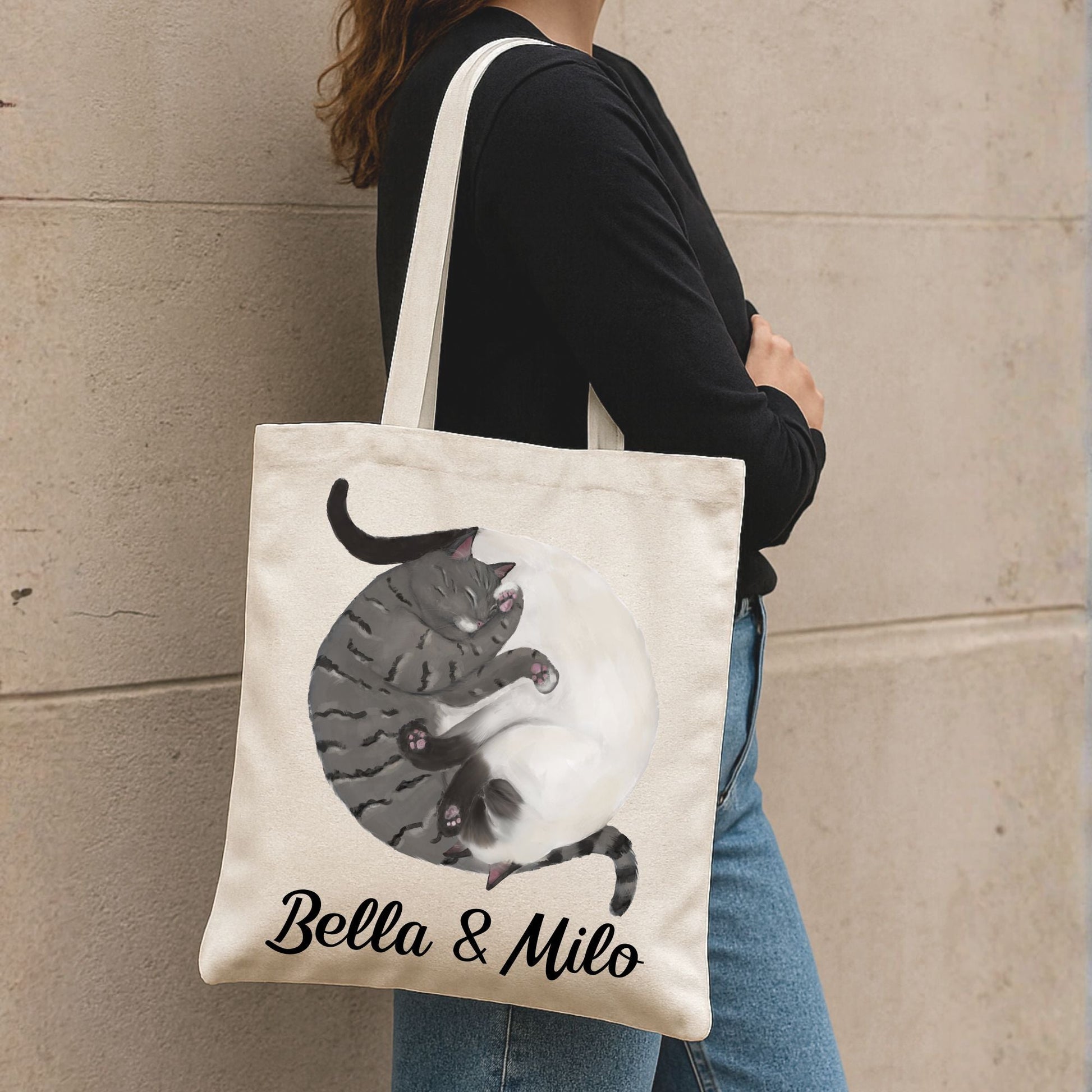Sleeping Gray Tabby and Siamese Cats Canvas Tote Bag - MerikaArt