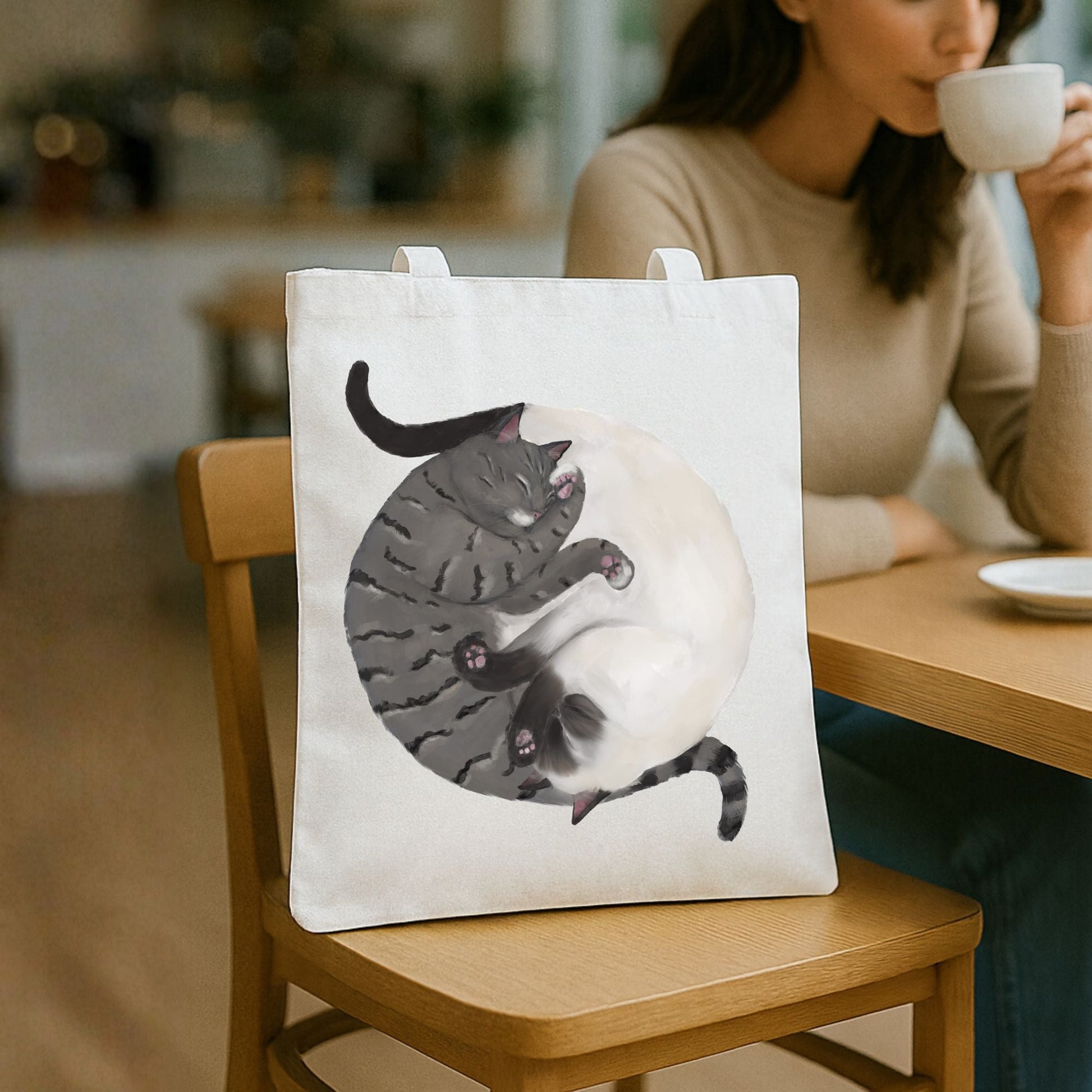 Sleeping Gray Tabby and Siamese Cats Canvas Tote Bag - MerikaArt
