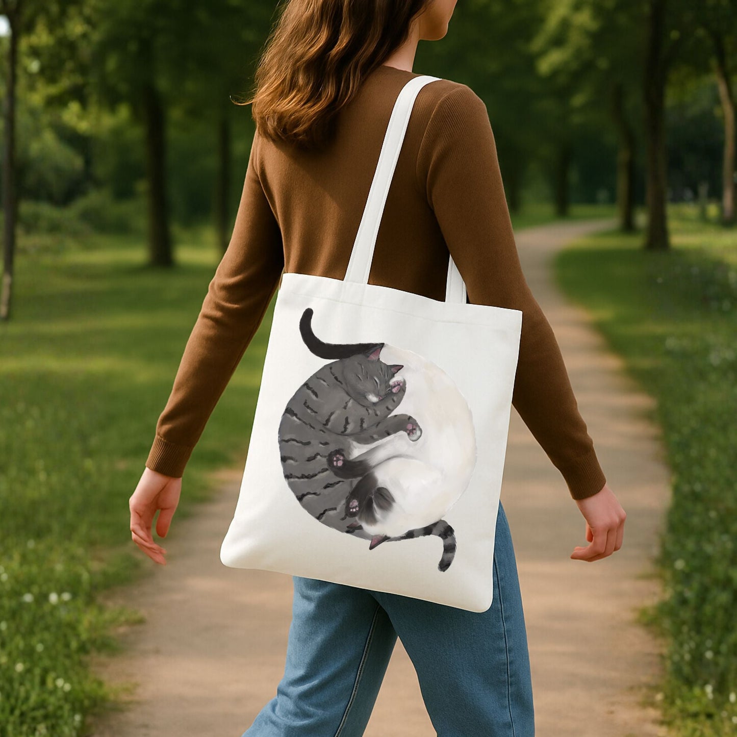 Sleeping Gray Tabby and Siamese Cats Canvas Tote Bag - MerikaArt