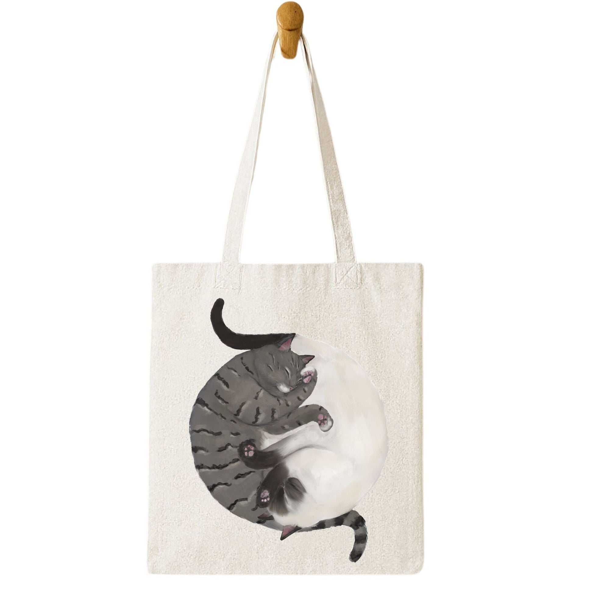 Sleeping Gray Tabby and Siamese Cats Canvas Tote Bag - MerikaArt