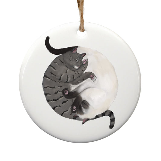 Sleeping Gray Tabby And Siamese Cats Ceramic Ornament - MerikaArt