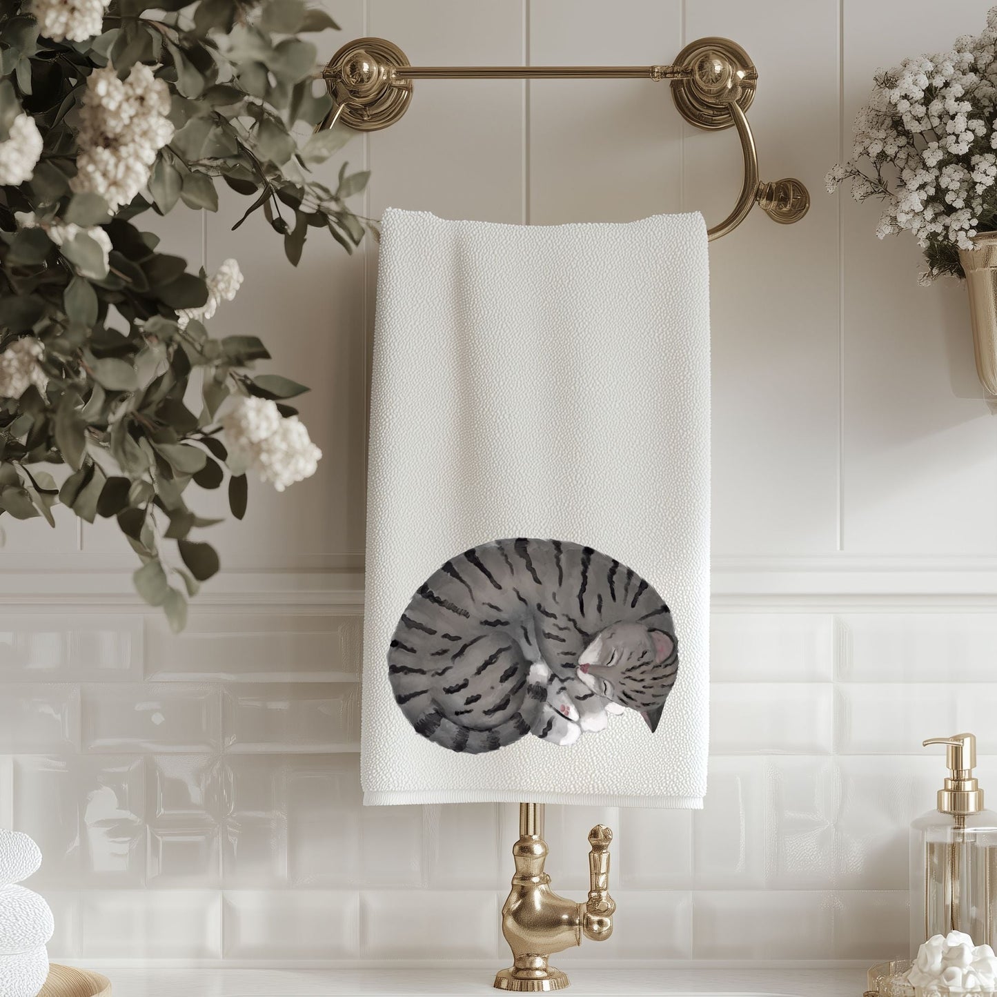 Sleeping Gray Tabby Cat Bathroom Towel - MerikaArt
