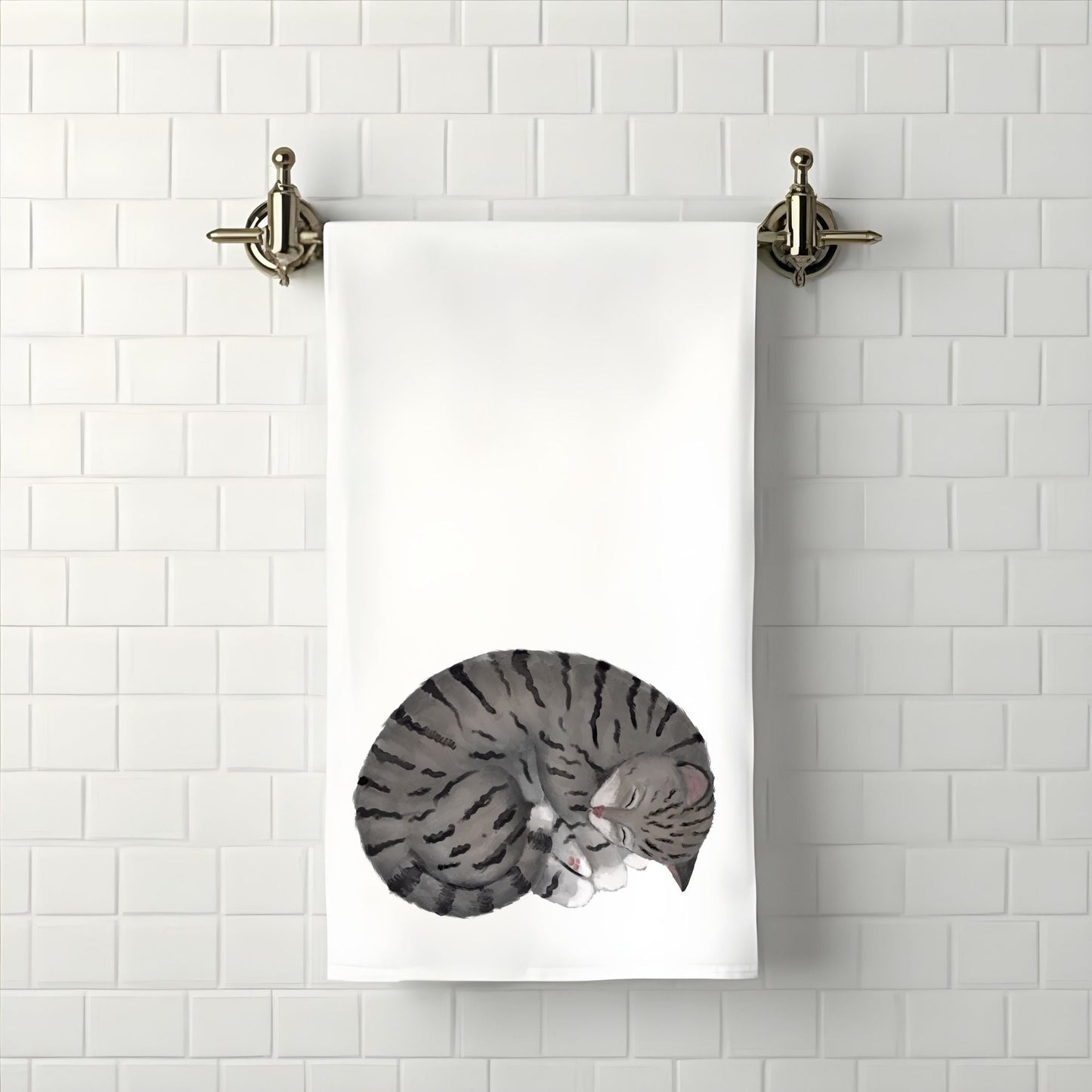 Sleeping Gray Tabby Cat Bathroom Towel - MerikaArt