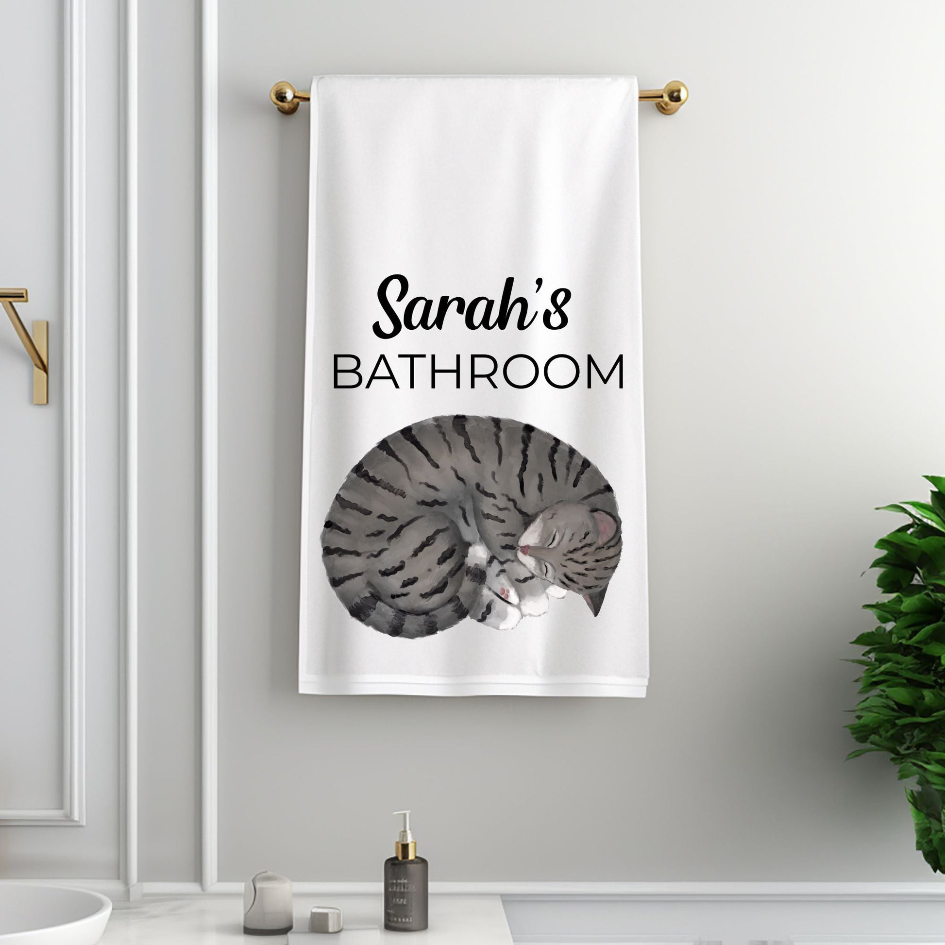 Sleeping Gray Tabby Cat Bathroom Towel - MerikaArt
