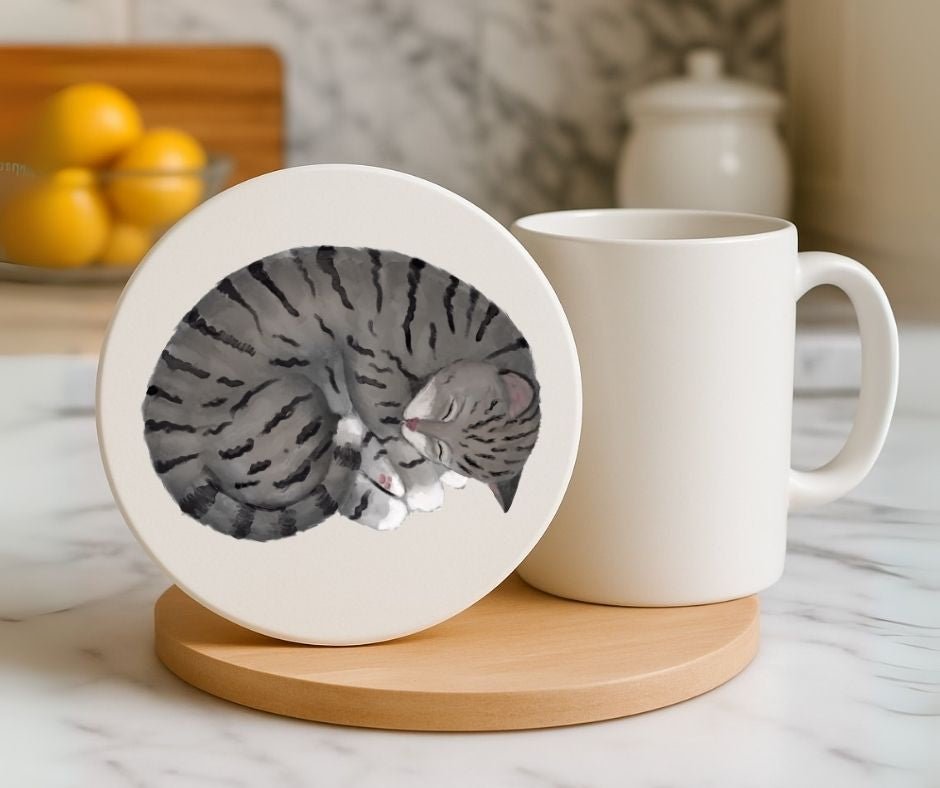 Sleeping Gray Tabby Cat Ceramic Coaster - MerikaArt