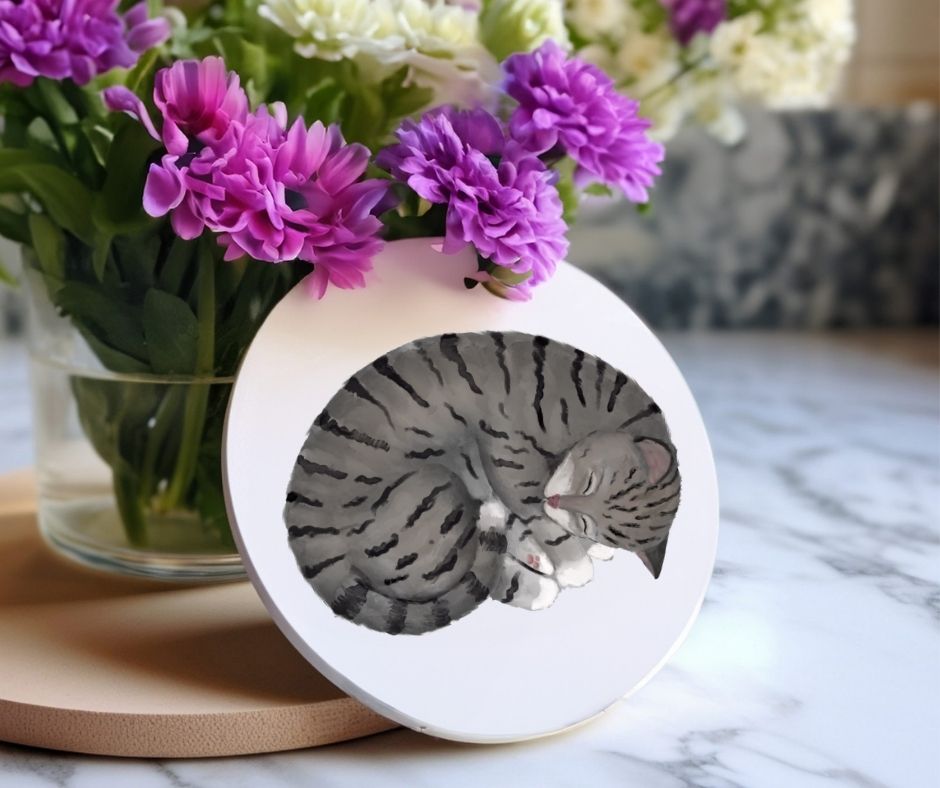 Sleeping Gray Tabby Cat Ceramic Coaster - MerikaArt