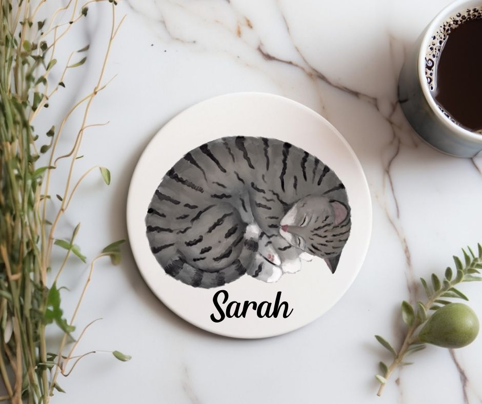 Sleeping Gray Tabby Cat Ceramic Coaster - MerikaArt