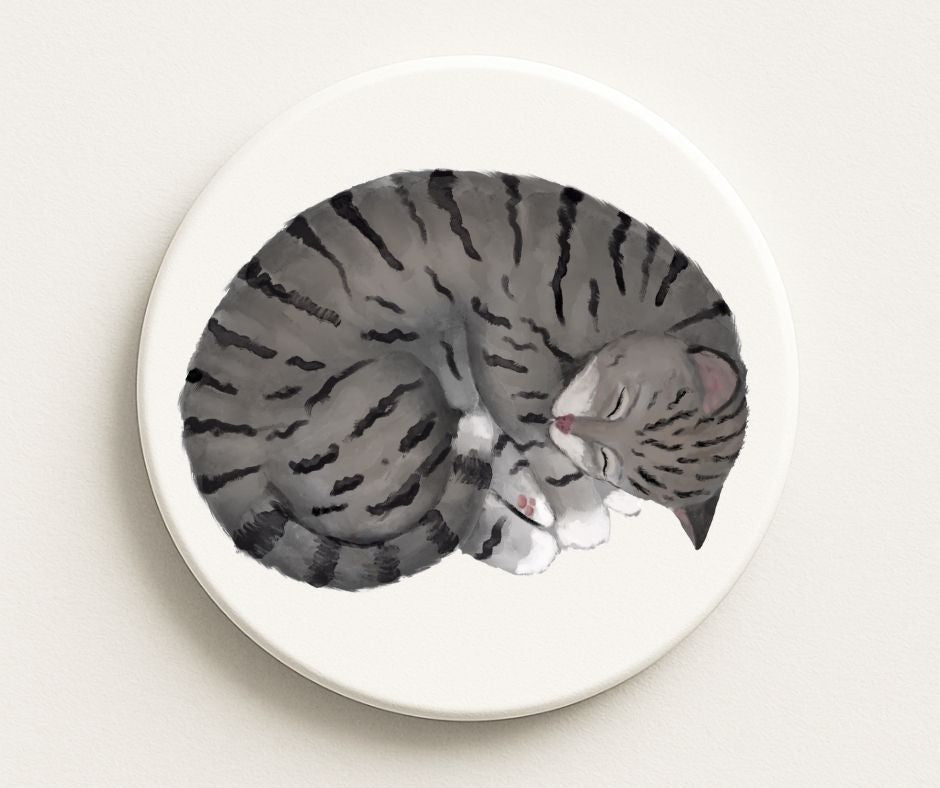Sleeping Gray Tabby Cat Ceramic Coaster - MerikaArt